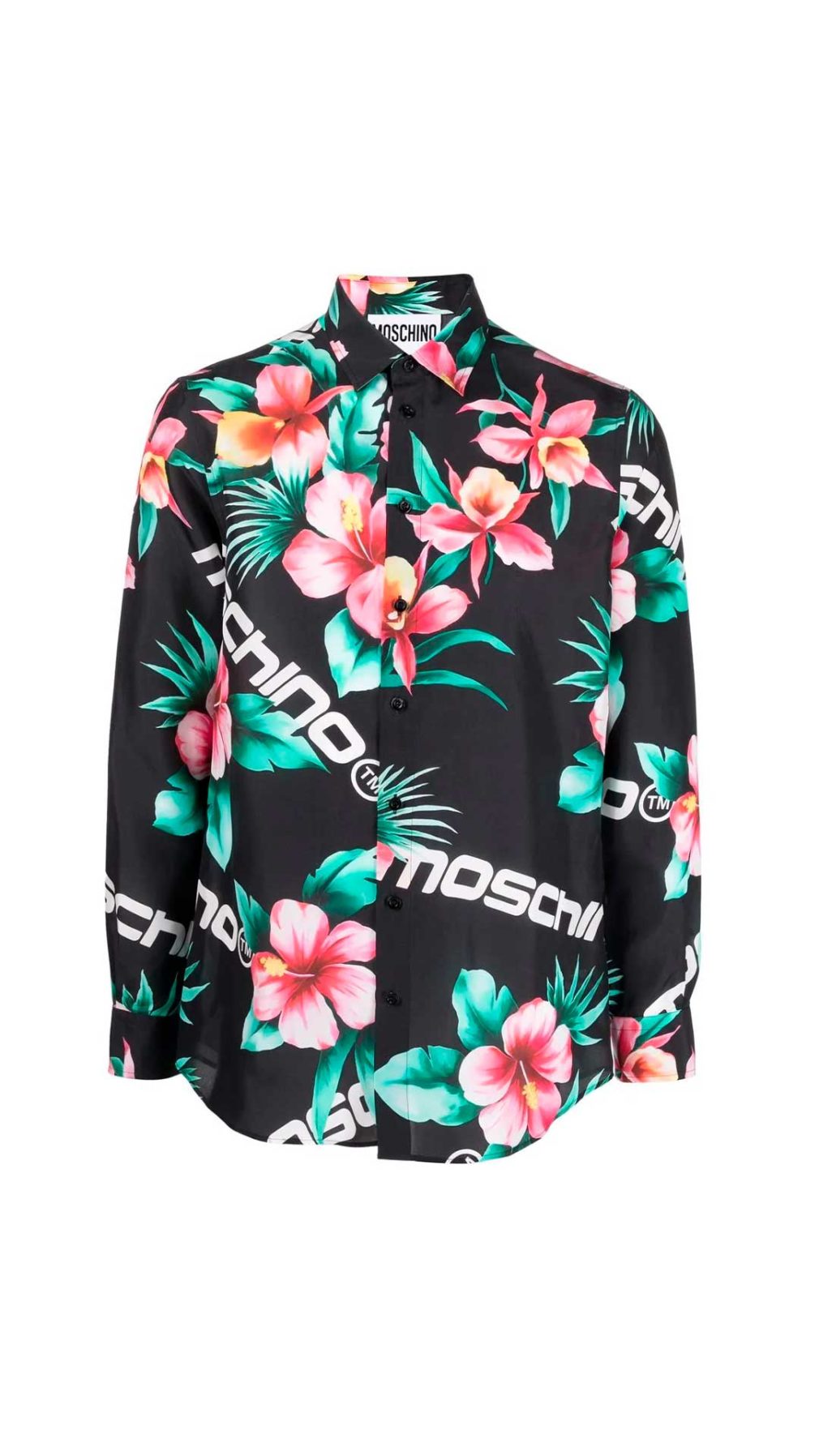 Camisa Moschino de seda con estampado del logo y flor de hibisco por toda la prenda