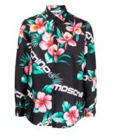 Camisa Moschino de seda con estampado del logo y flor de hibisco por toda la prenda
