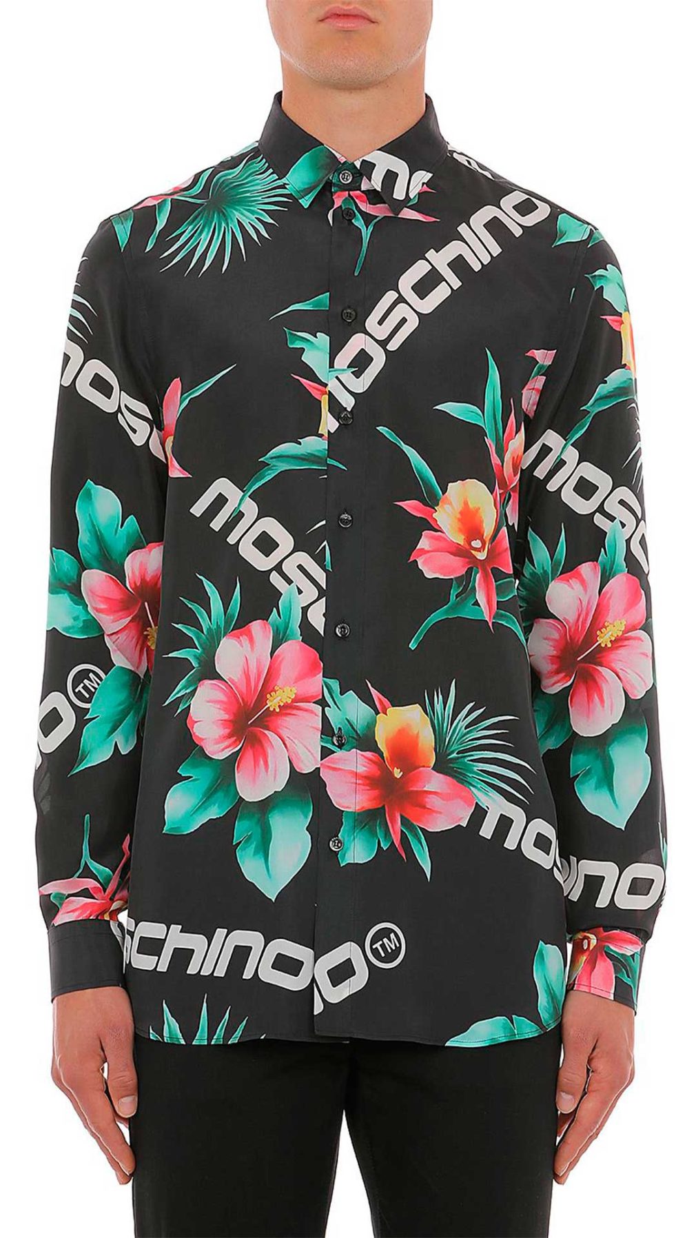 Camisa Moschino de seda con estampado del logo y flor de hibisco por toda la prenda