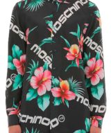 Camisa Moschino de seda con estampado del logo y flor de hibisco por toda la prenda