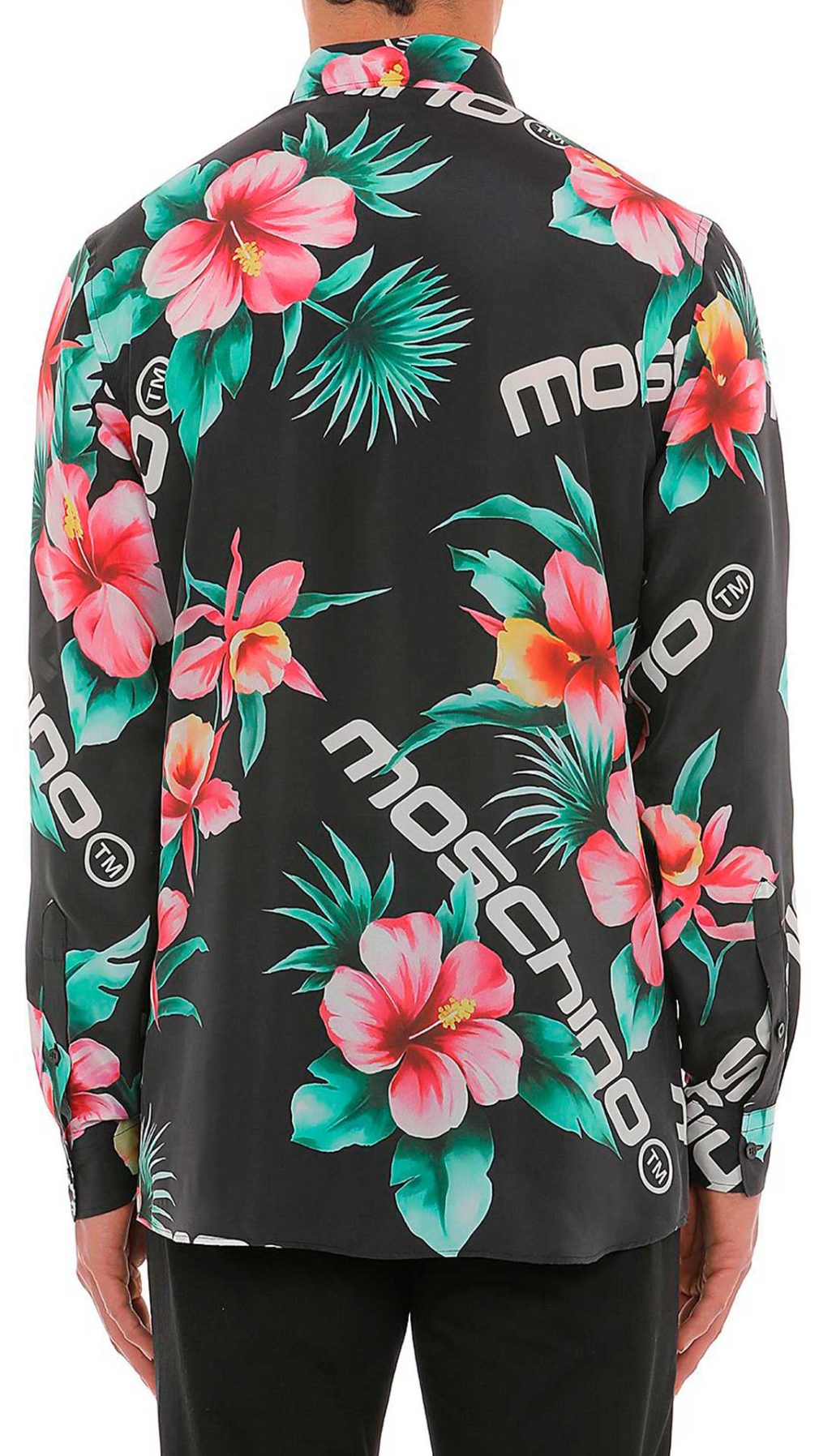 Camisa Moschino de seda con estampado del logo y flor de hibisco por toda la prenda