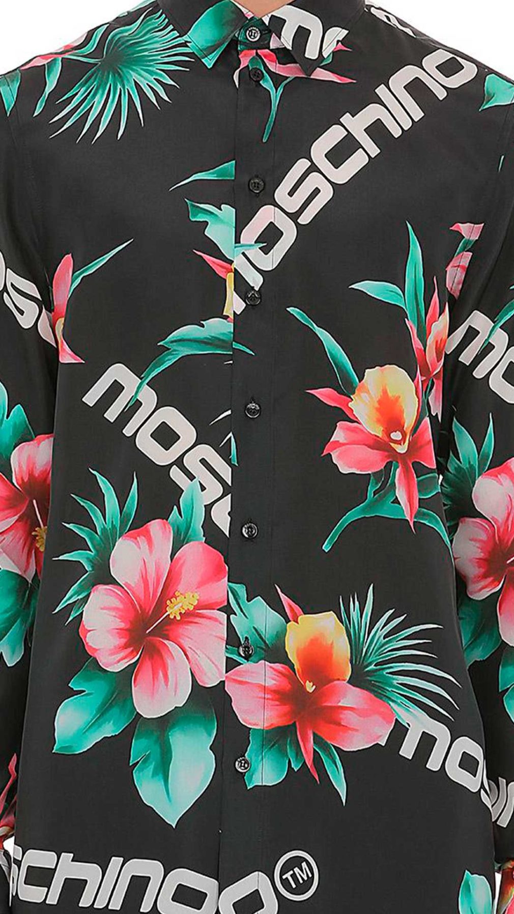 Camisa Moschino de seda con estampado del logo y flor de hibisco por toda la prenda