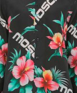 Camisa Moschino de seda con estampado del logo y flor de hibisco por toda la prenda