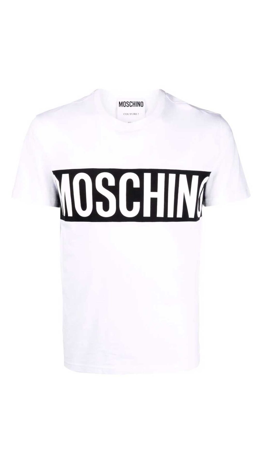 Camiseta blanca de Moschino con banda en contraste y maxilogo estampado