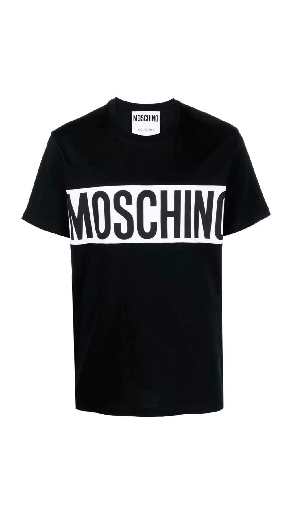 Camiseta negra de Moschino con banda en contraste y maxilogo estampado