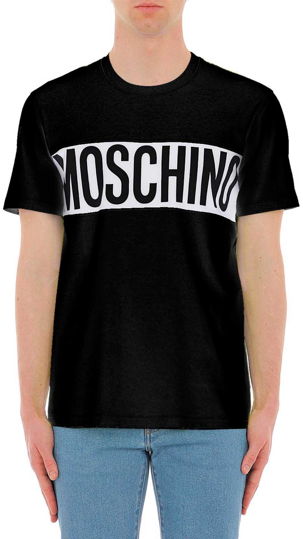 Camiseta negra de Moschino con banda en contraste y maxilogo estampado