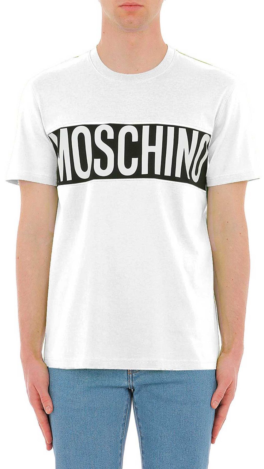 Camiseta blanca de Moschino con banda en contraste y maxilogo estampado