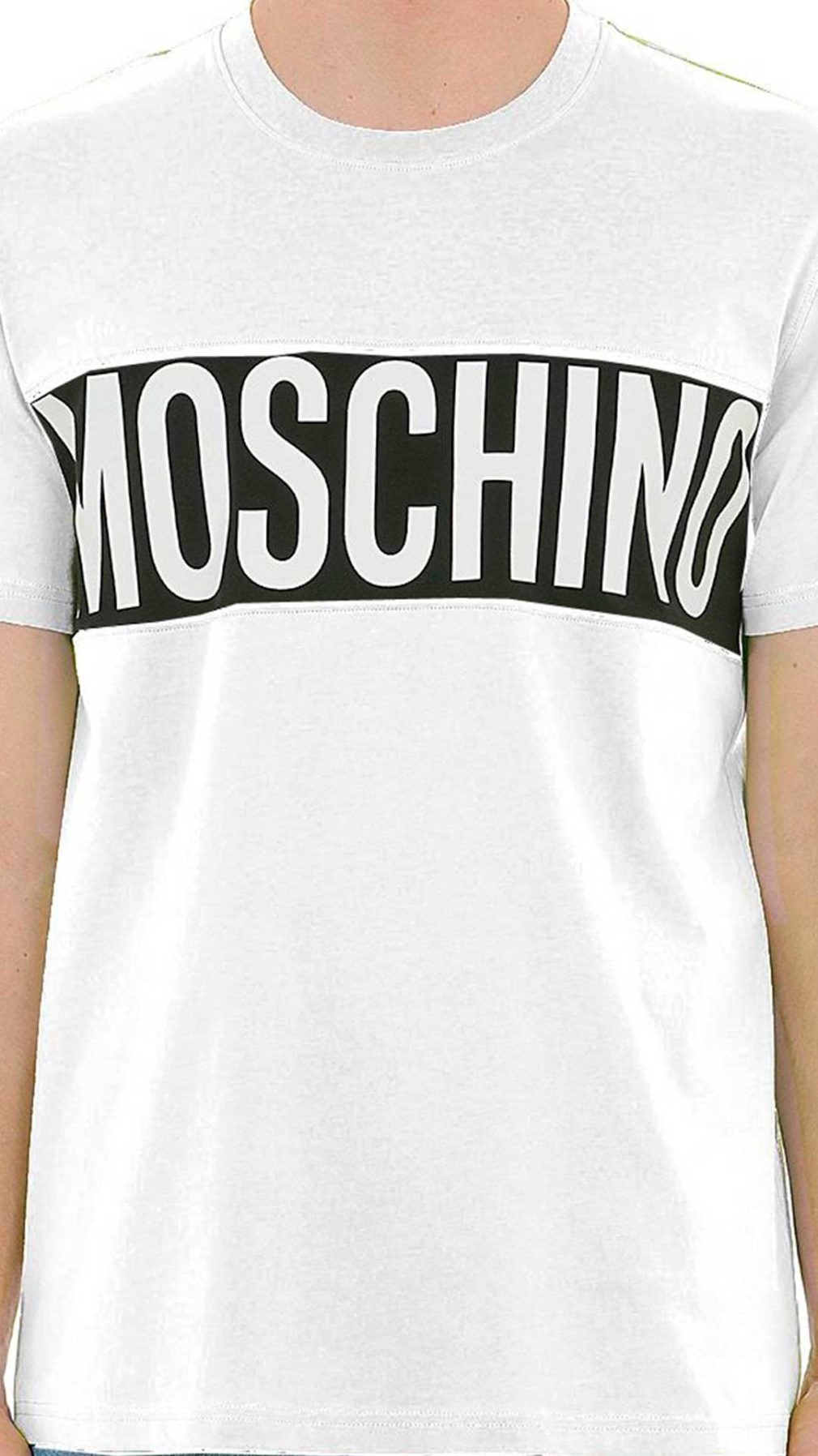 Camiseta blanca de Moschino con banda en contraste y maxilogo estampado