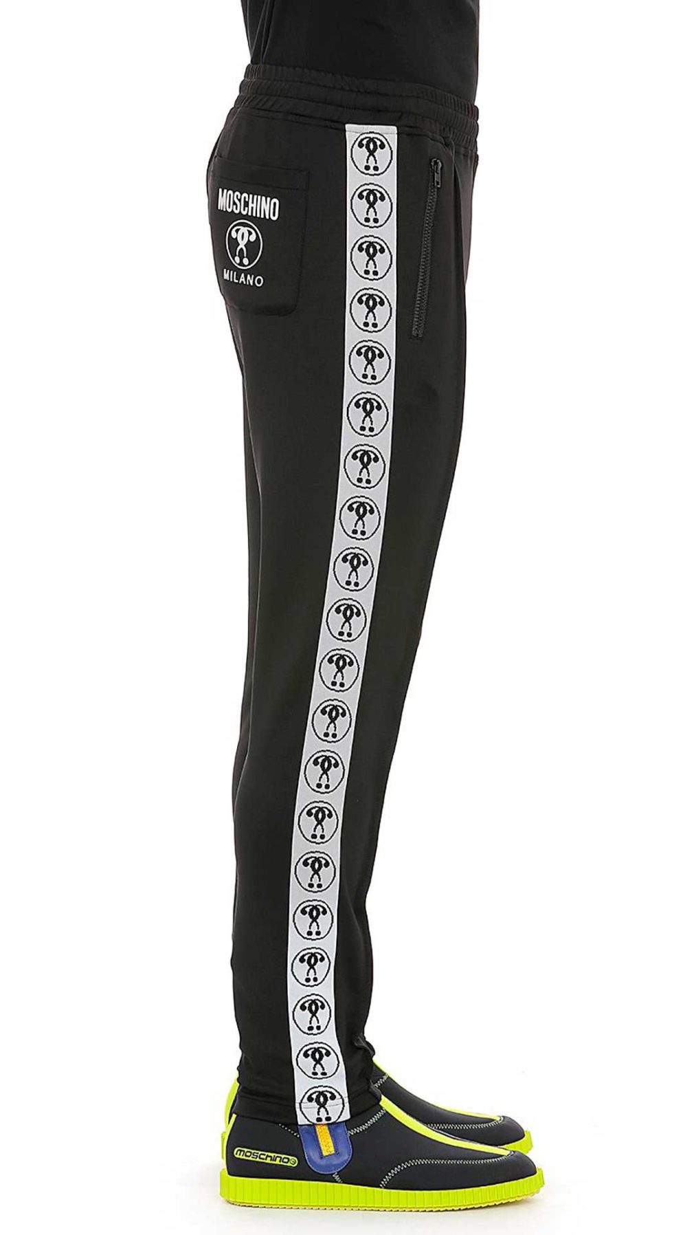 Pantalón Moschino con bandas laterales en contraste con logo Double Question Mark