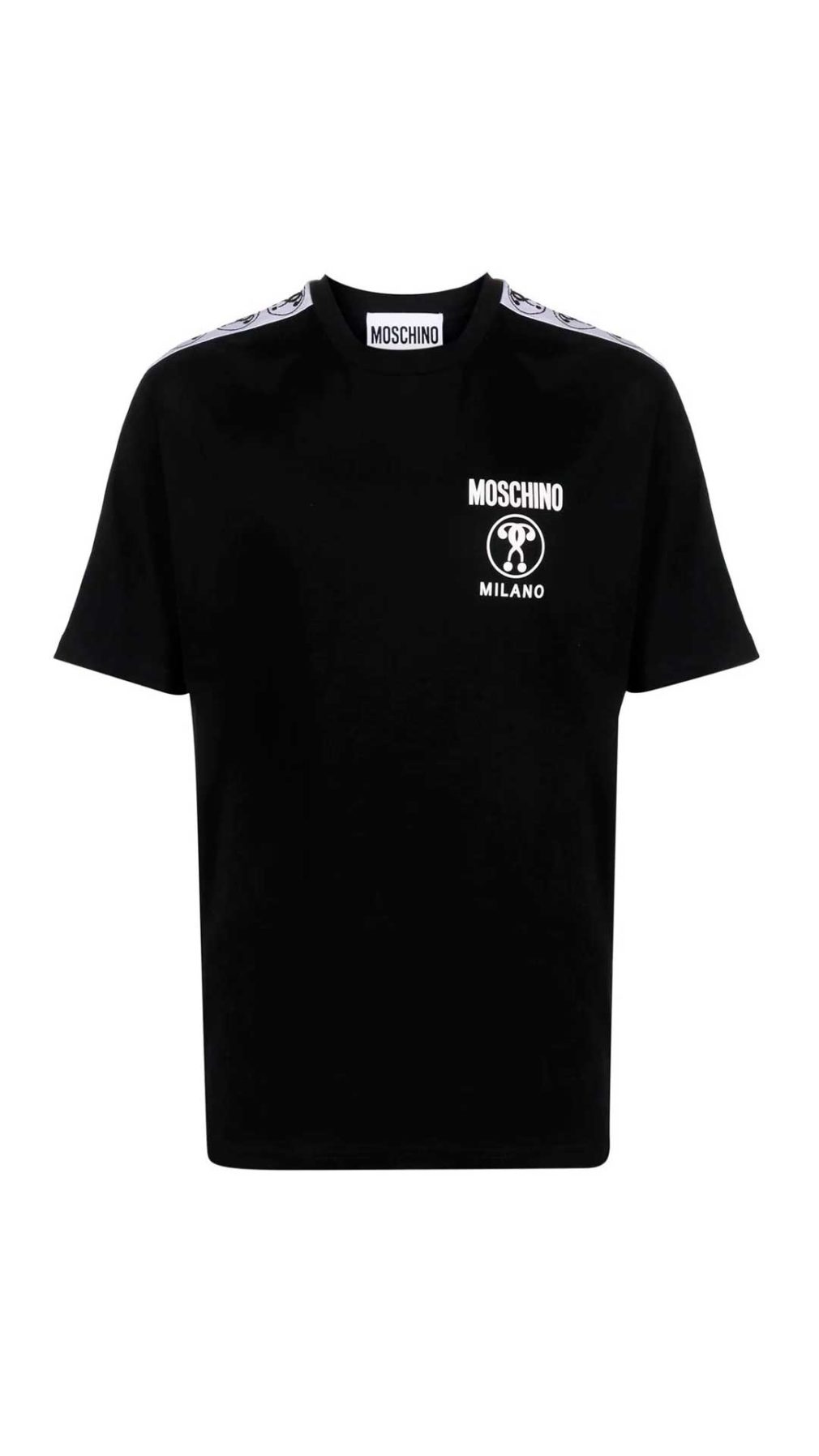 Camiseta negra Moschino con logo Double Question Mark en la parte delantera y bandas laterales en las mangas