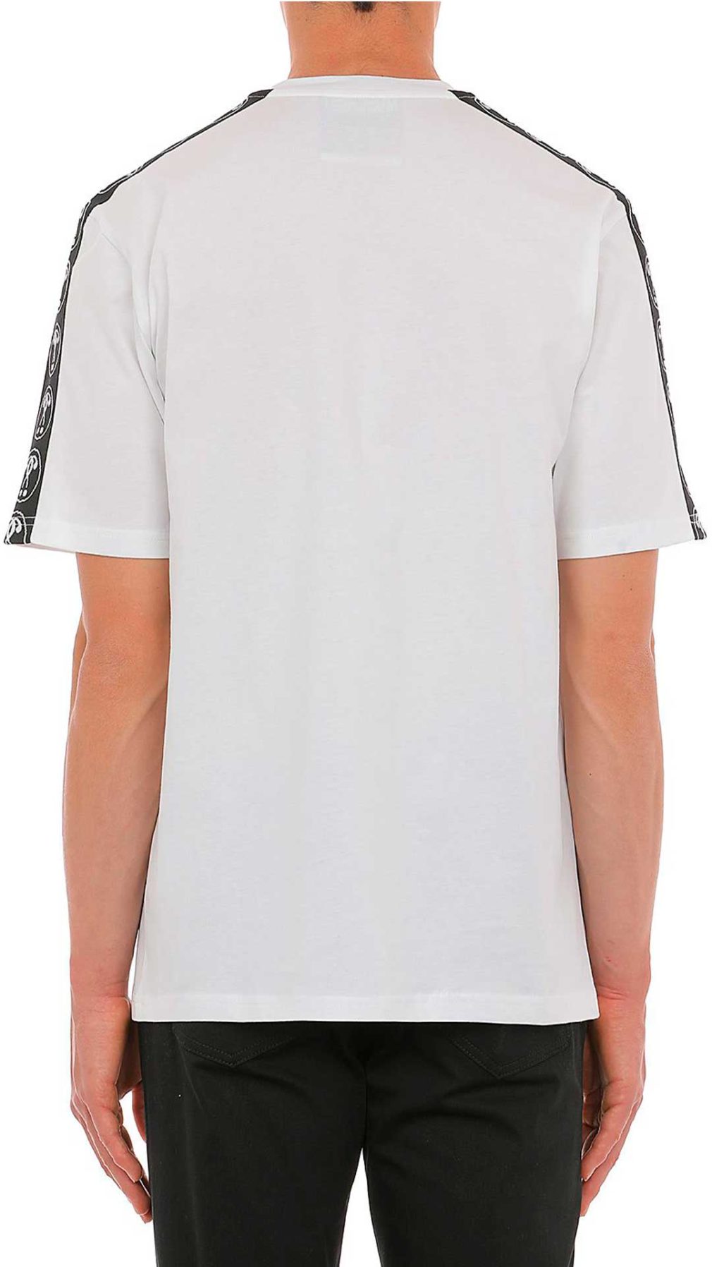Camiseta blanca Moschino con logo Double Question Mark en la parte delantera y bandas laterales en las mangas