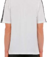 Camiseta blanca Moschino con logo Double Question Mark en la parte delantera y bandas laterales en las mangas