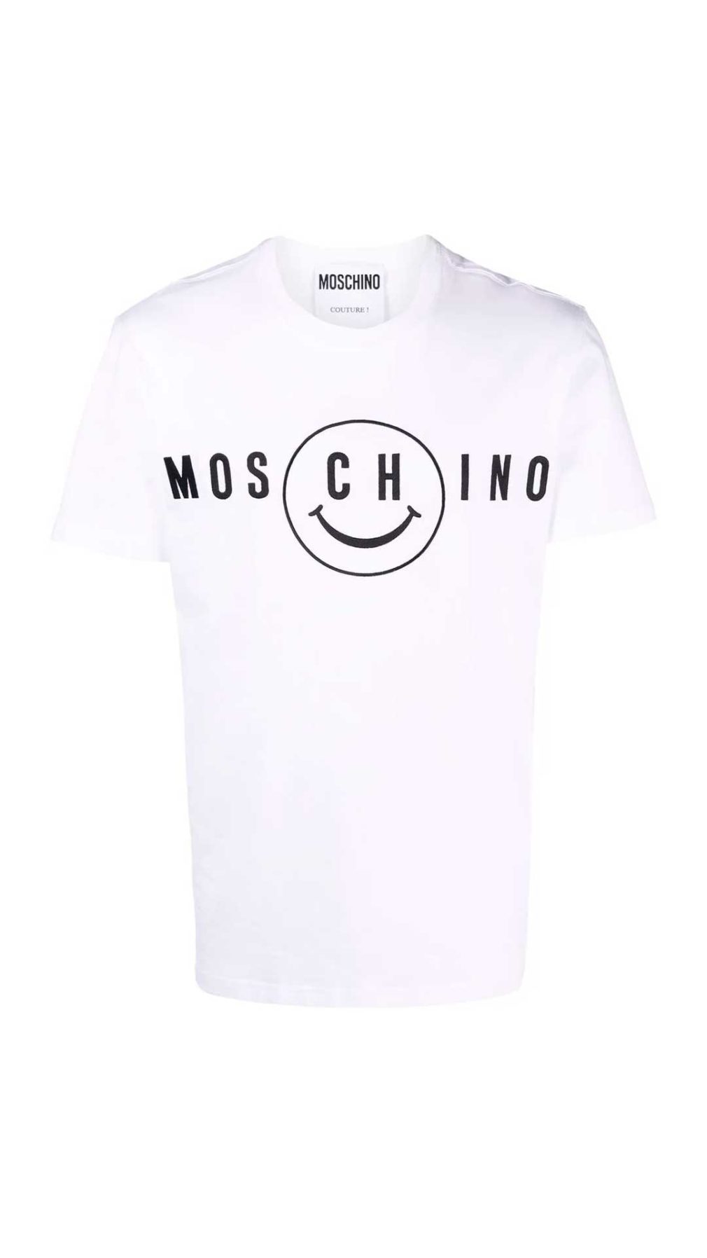 Camiseta blanca con logo y Moschino Smiley® bordado en la parte delantera