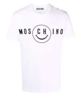 Camiseta blanca con logo y Moschino Smiley® bordado en la parte delantera