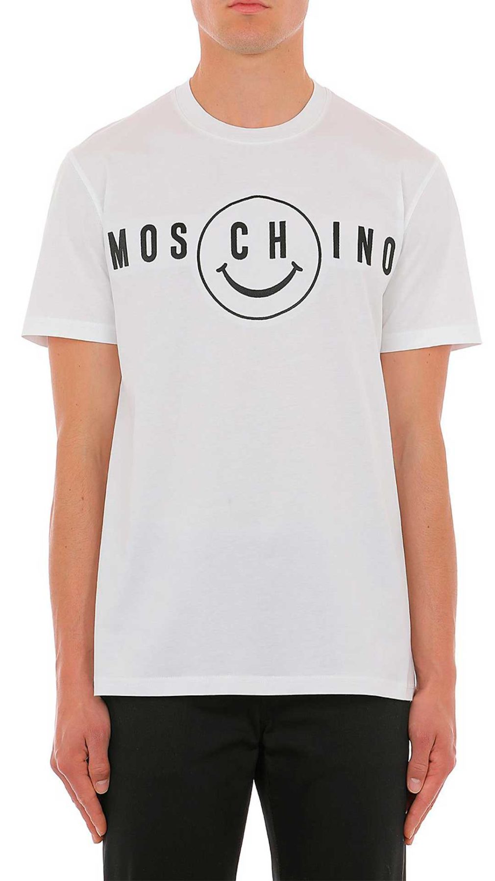 Camiseta blanca con logo y Moschino Smiley® bordado en la parte delantera