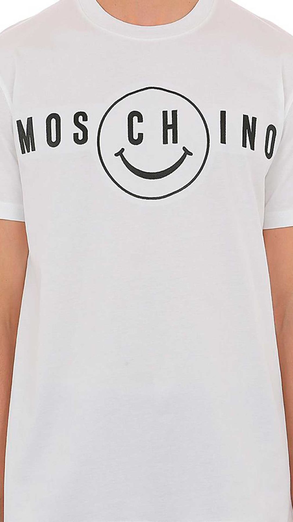 Camiseta blanca con logo y Moschino Smiley® bordado en la parte delantera