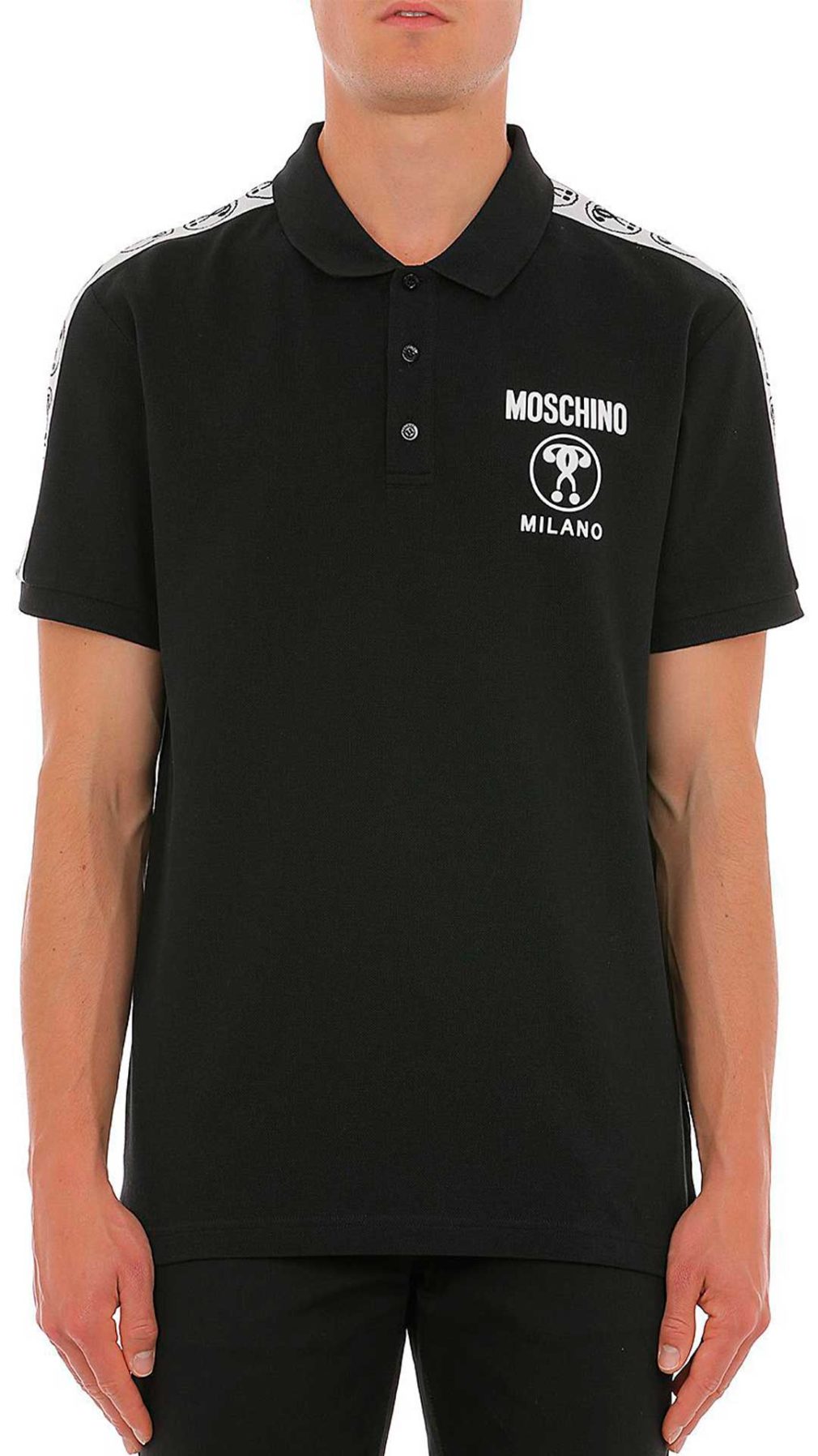 Polo negro Moschino con logo Double Question Mark en la parte delantera y bandas laterales en las mangas