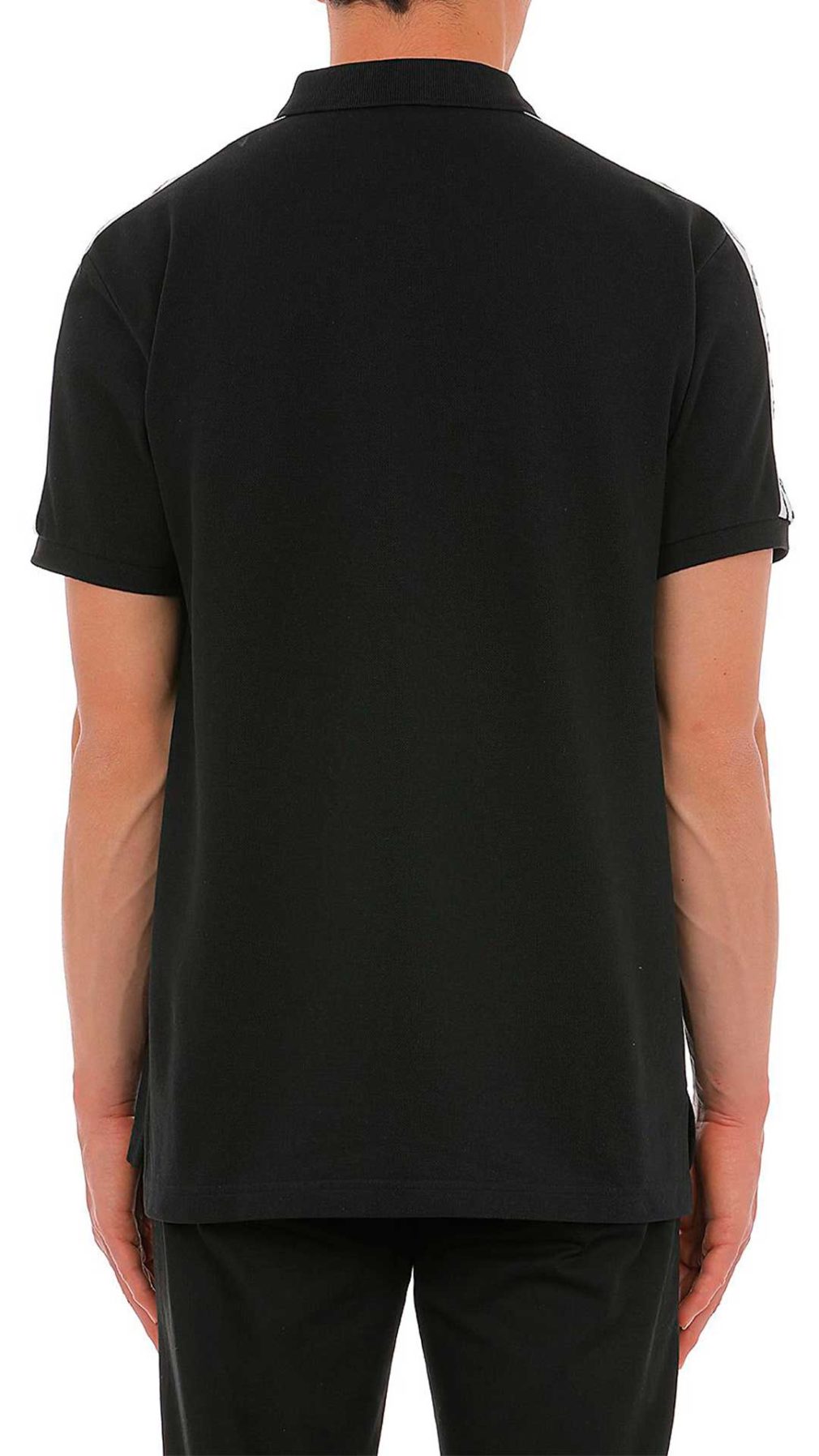 Polo negro Moschino con logo Double Question Mark en la parte delantera y bandas laterales en las mangas
