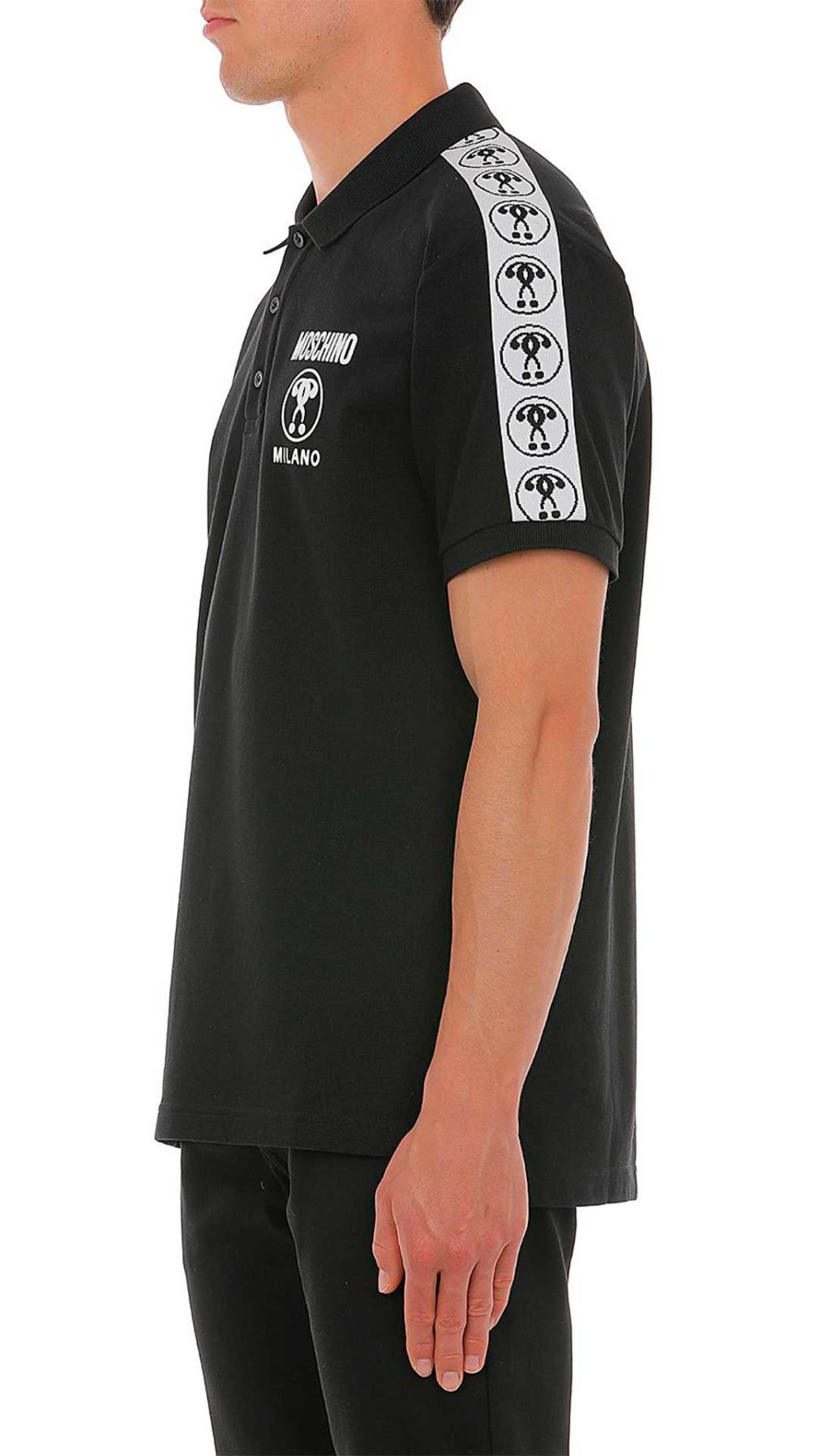 Polo negro Moschino con logo Double Question Mark en la parte delantera y bandas laterales en las mangas