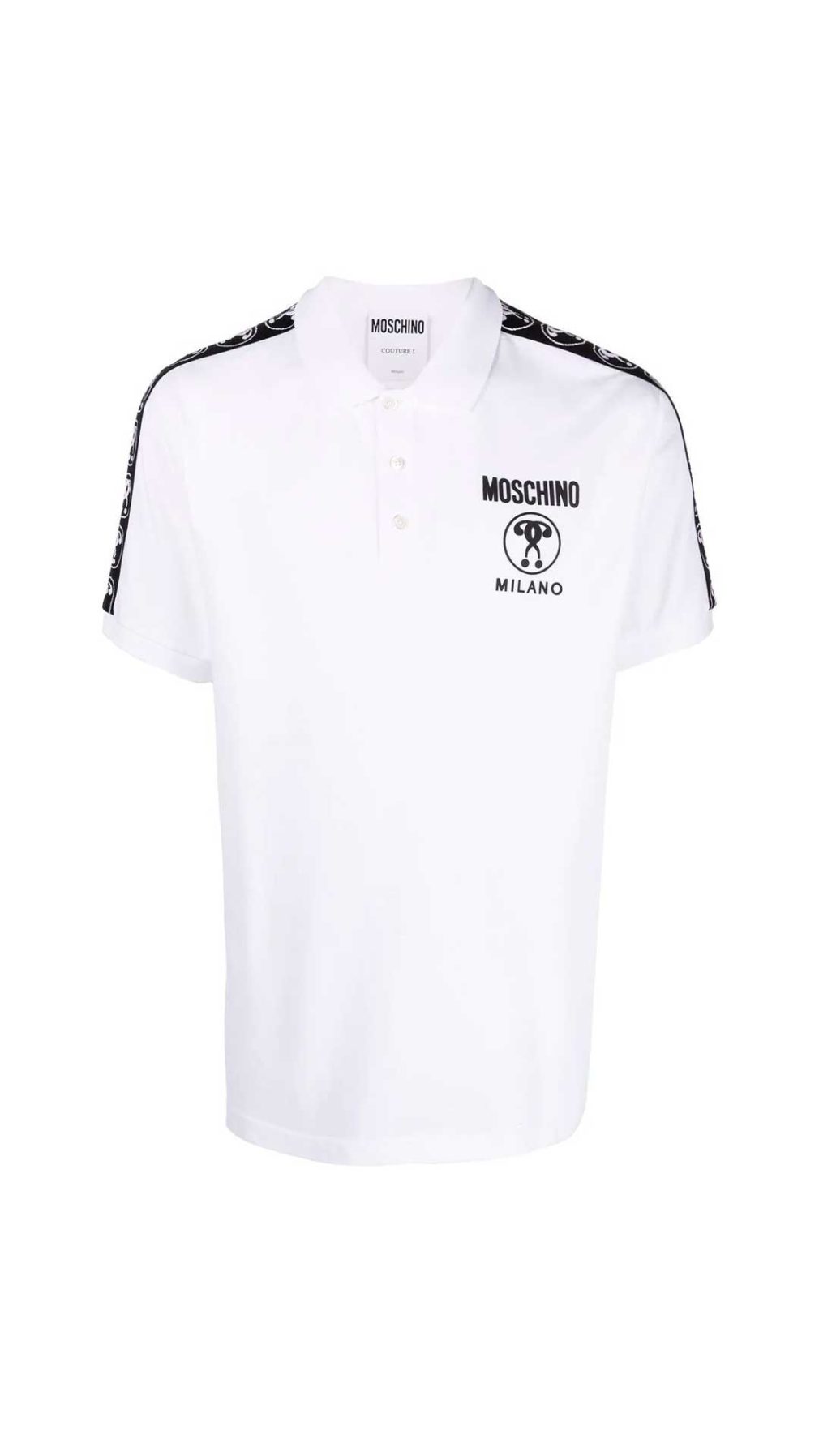 Polo blanco Moschino con logo Double Question Mark en la parte delantera y bandas laterales en las mangas