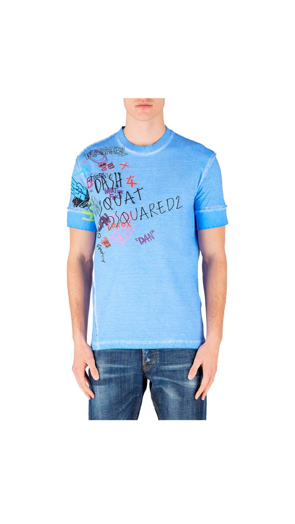 Camiseta Dsquared2 azul con estampado de grafiti y logo parte delantera