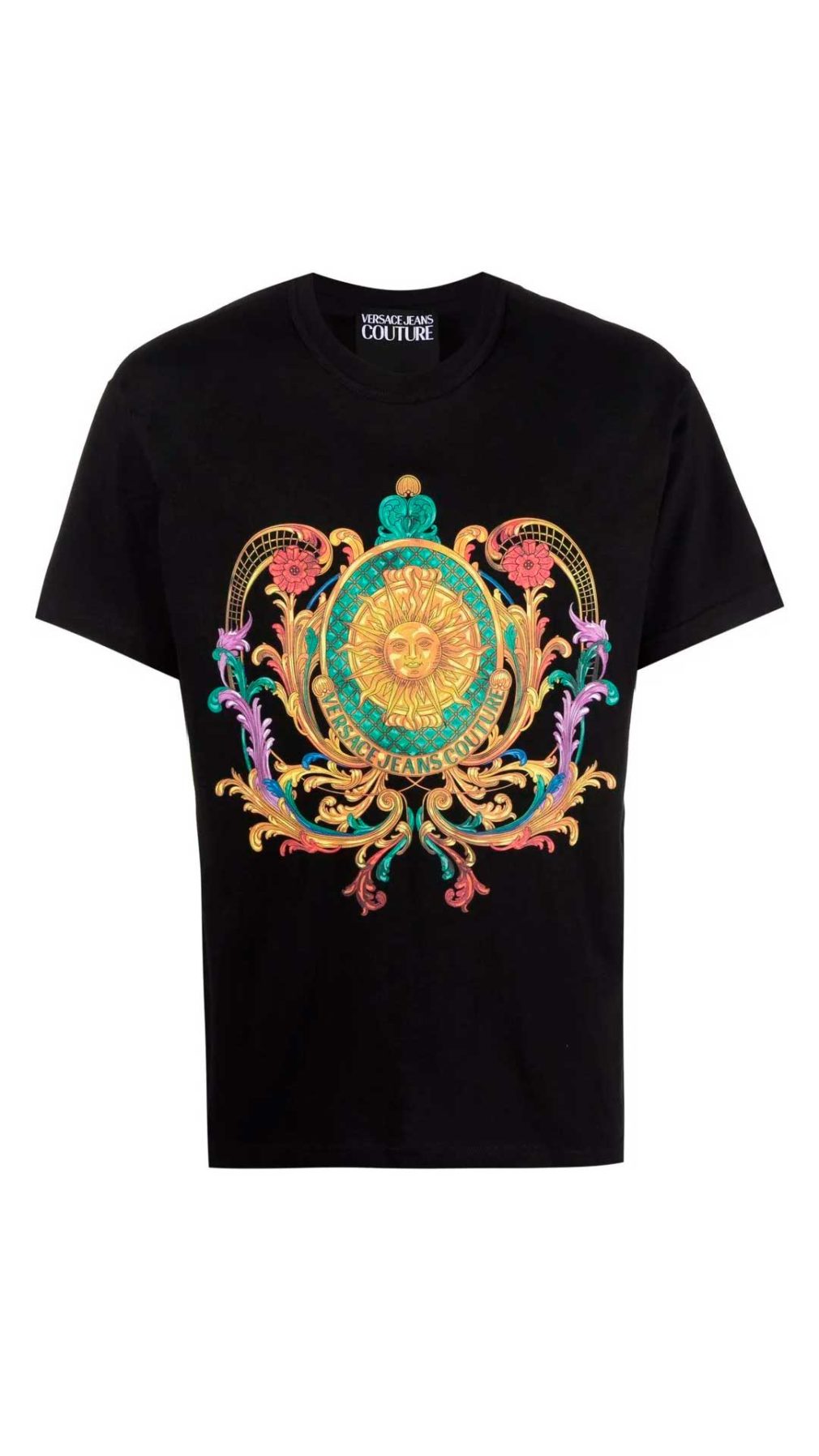 Camiseta negra Versace Jeans Couture con estampado barroco y logo en la parte delantera