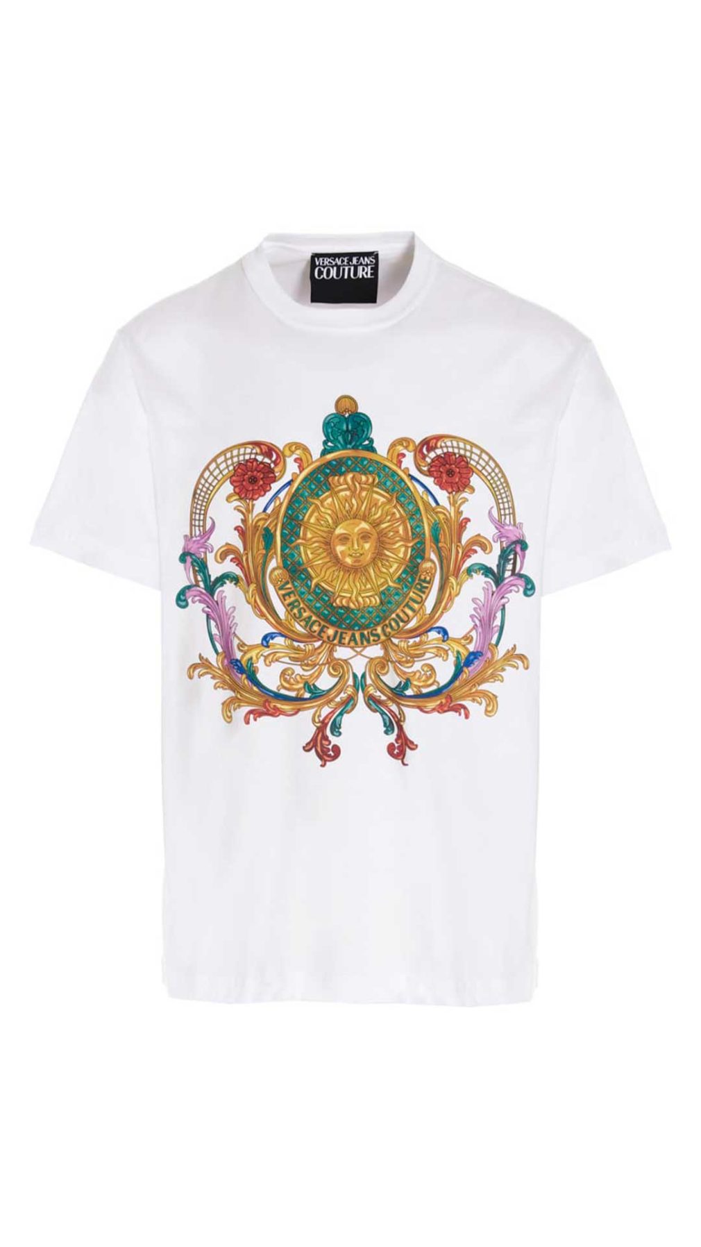 Camiseta blanca Versace Jeans Couture con estampado barroco y logo en la parte delantera