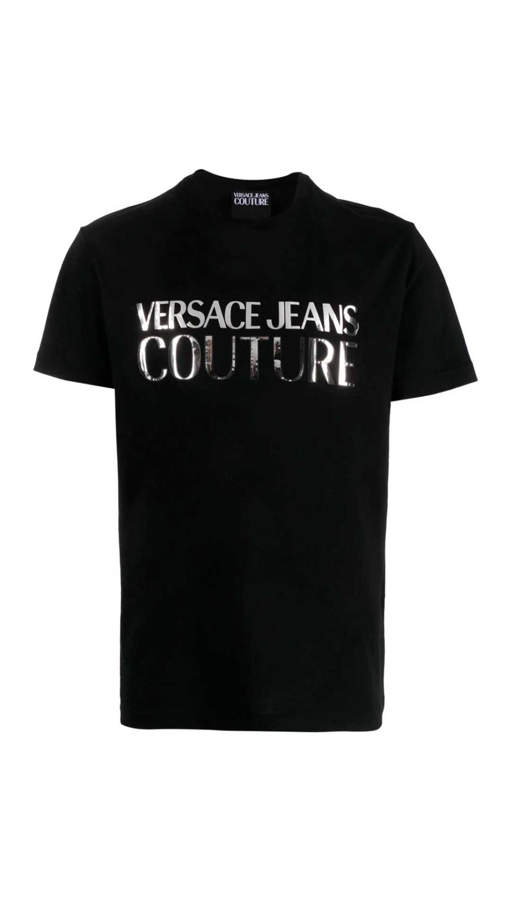 Camiseta negra Versace Jeans Couture con logo plateado en la parte delantera