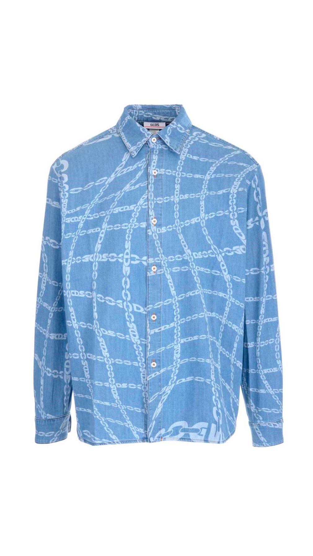 Camisa GCDS azul denim con estampado de cadenas y logo en toda la pieza