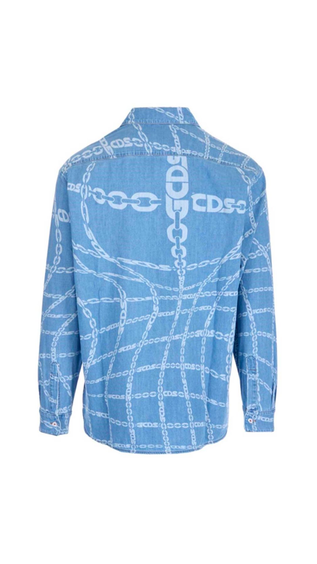 Camisa GCDS azul denim con estampado de cadenas y logo en toda la pieza