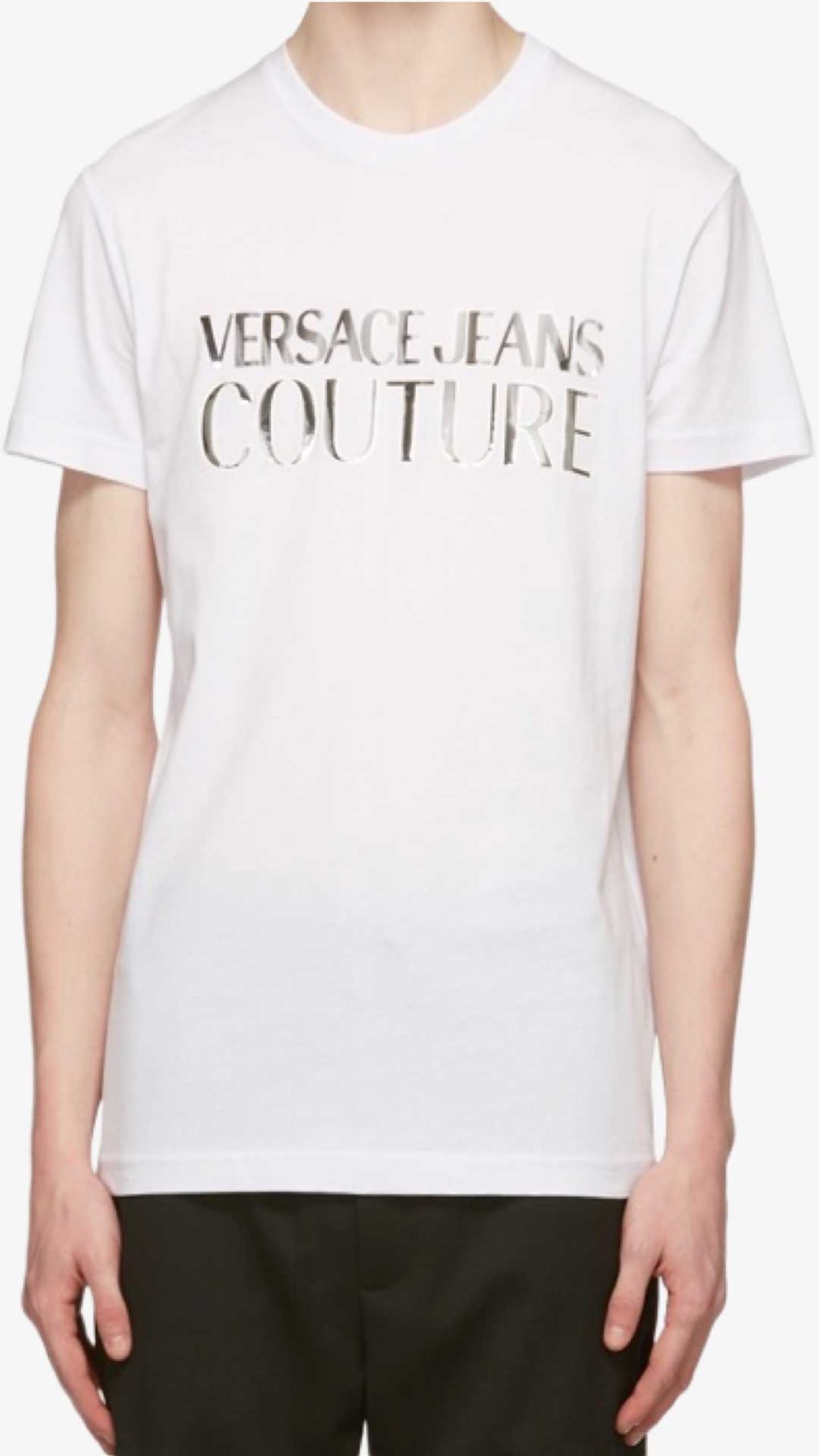 Camiseta blanca Versace Jeans Couture con logo plateado en la parte delantera