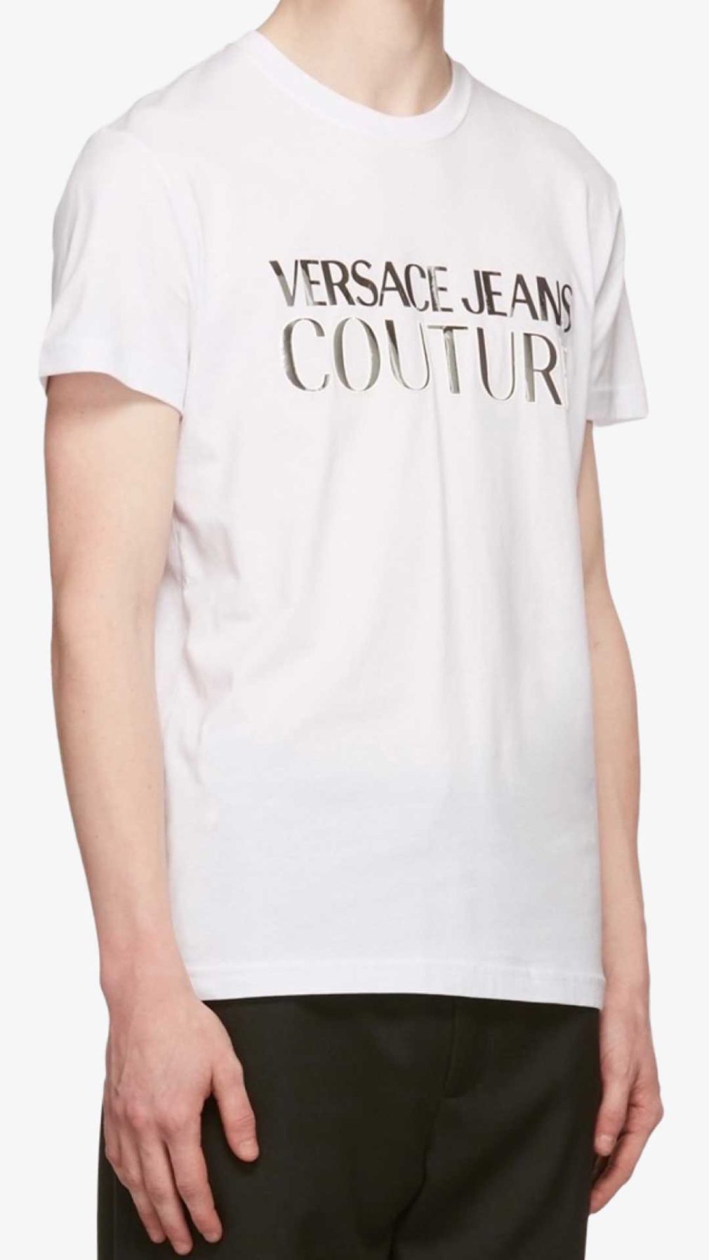 Camiseta blanca Versace Jeans Couture con logo plateado en la parte delantera