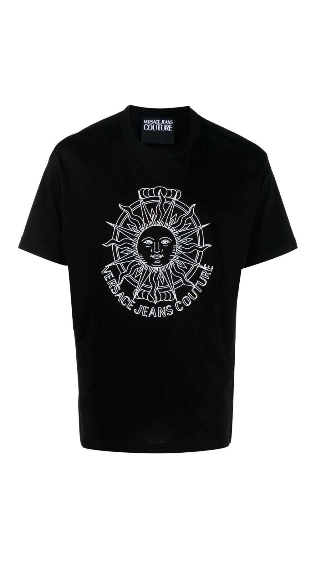 Camiseta negra Versace Jeans Couture con  sol y logo en relieve engomado en la parte delantera