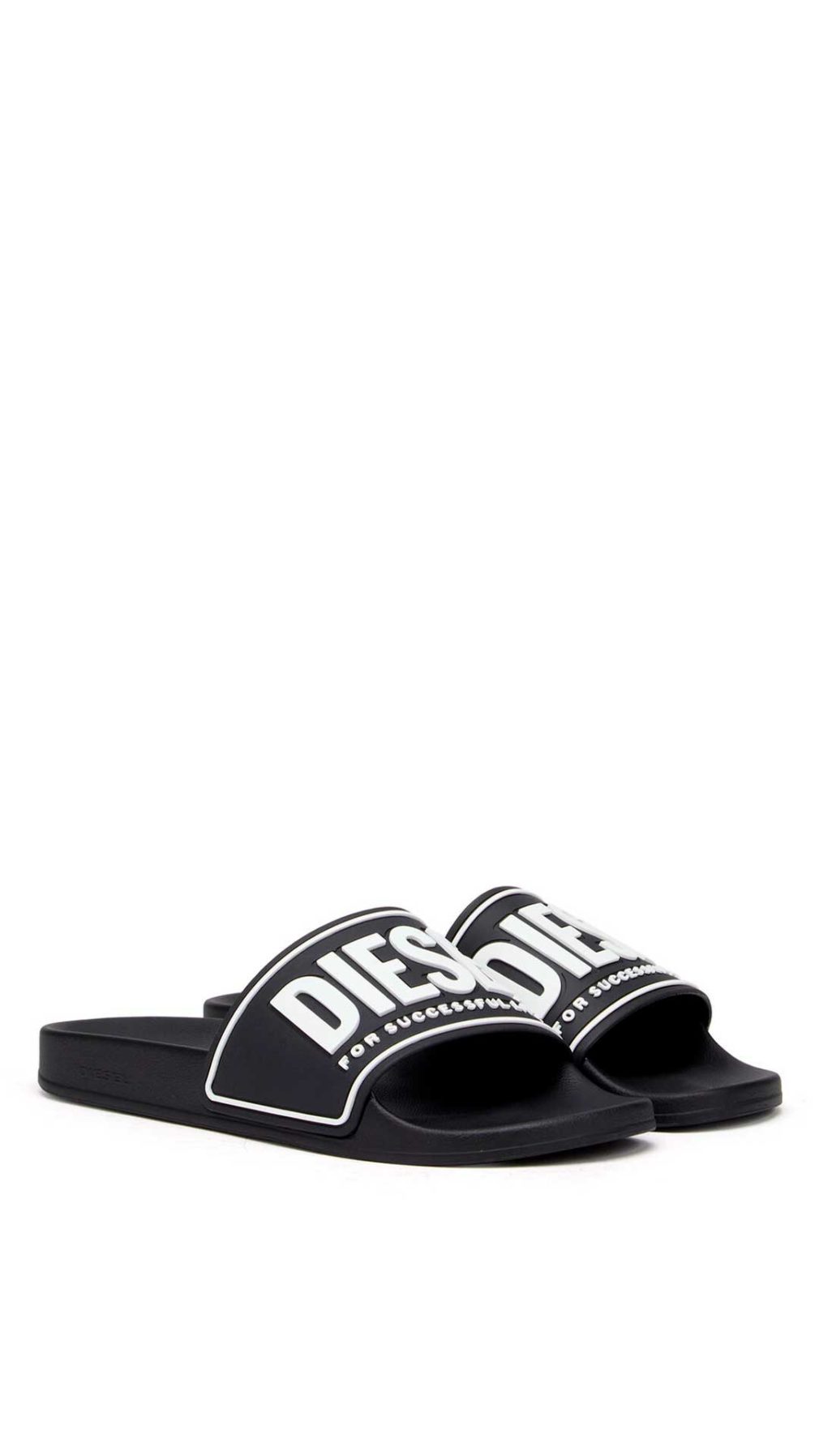 Chancletas negra Diesel con logotipo Diesel For Successful Living en 3D