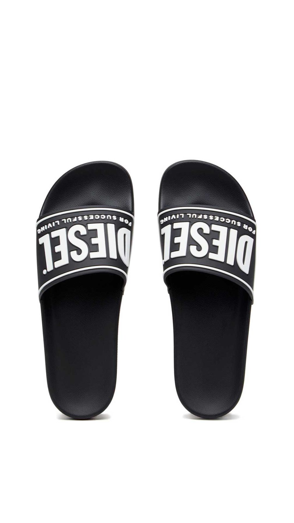Chancletas negra Diesel con logotipo Diesel For Successful Living en 3D