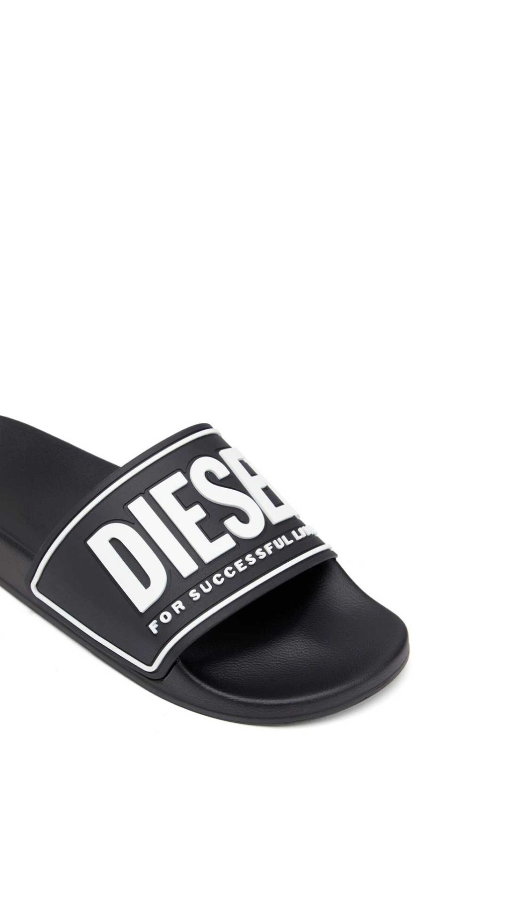 Chancletas negra Diesel con logotipo Diesel For Successful Living en 3D