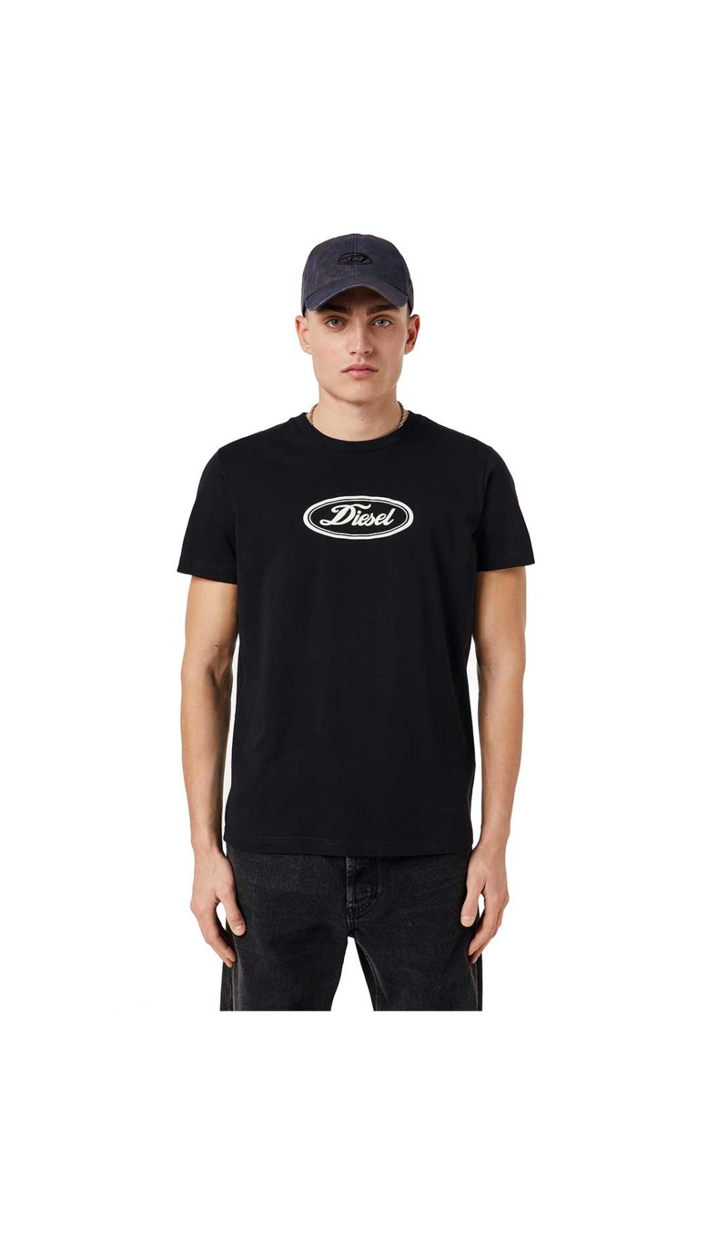 Camiseta negra Diesel logotipo vintage estampado en relieve en la parte delantera