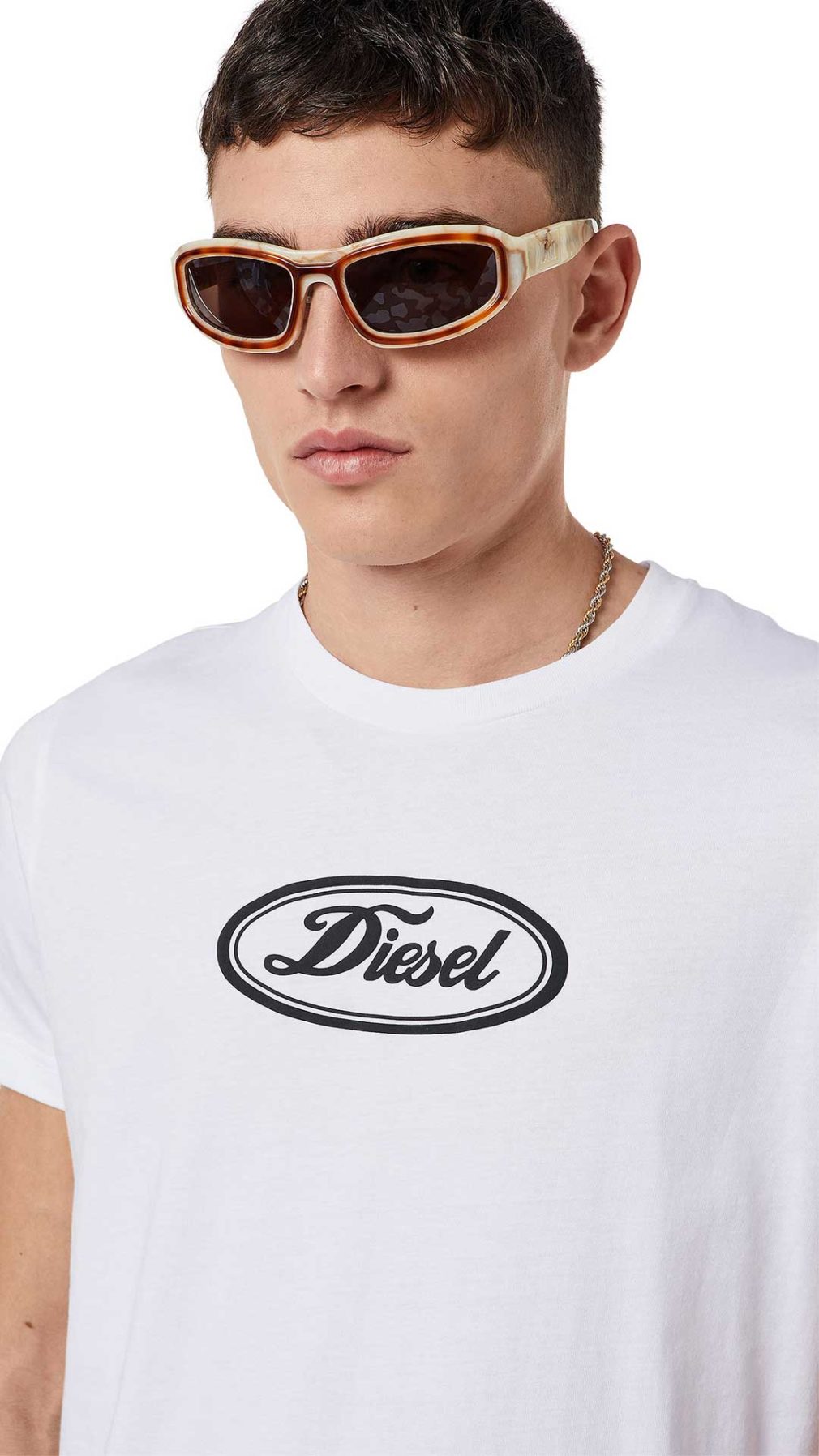 Camiseta blanca Diesel logotipo vintage estampado en relieve en la parte delantera