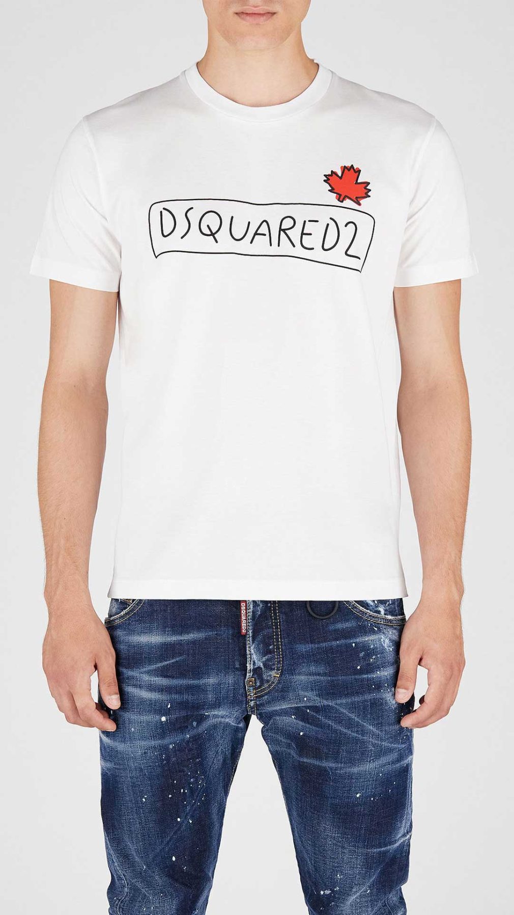 Camiseta blanca Dsquared2 con logotipo y hoja de Canadá en la parte delantera