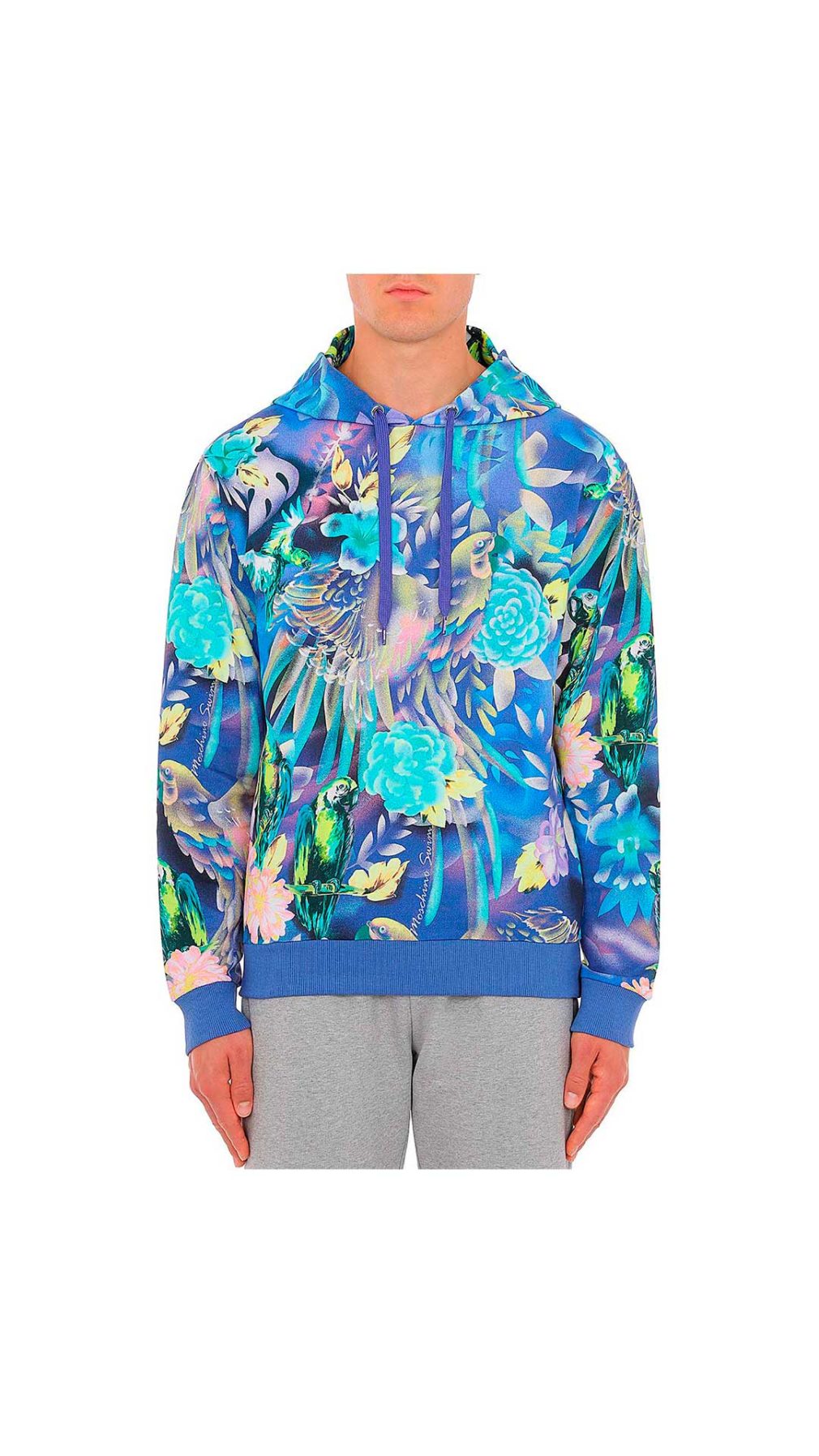 Sudadera azul Moschino con capucha estampado tropical