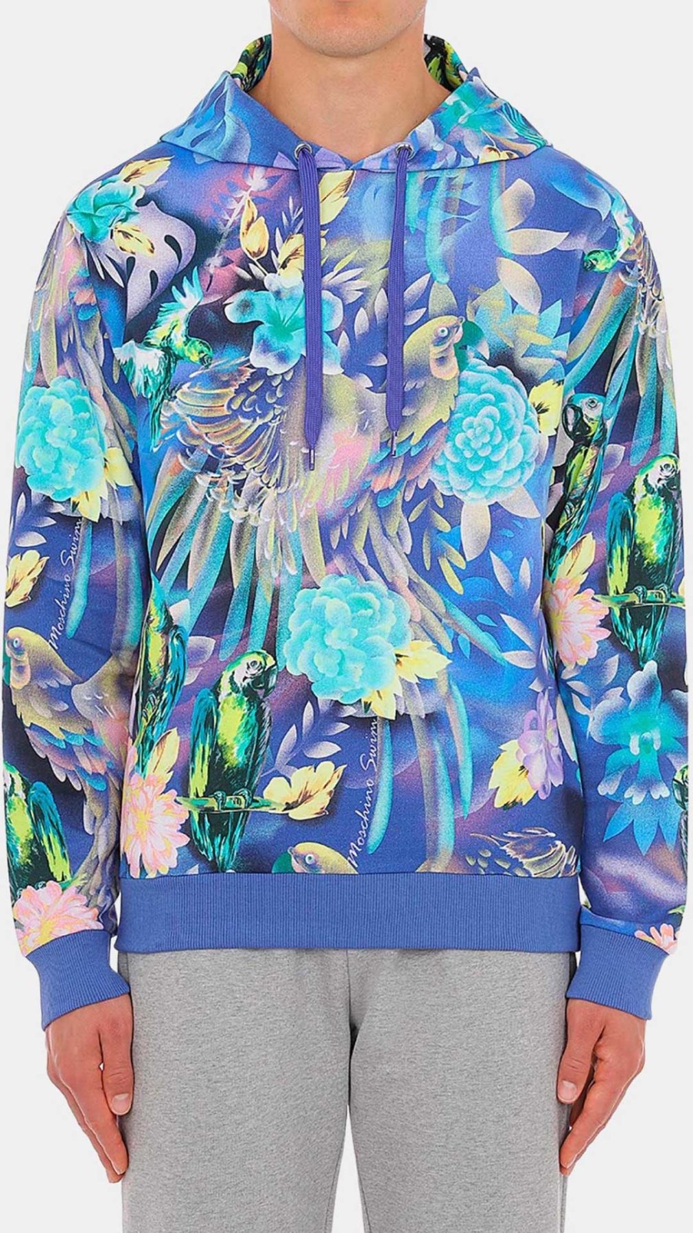 Sudadera azul Moschino con capucha estampado tropical