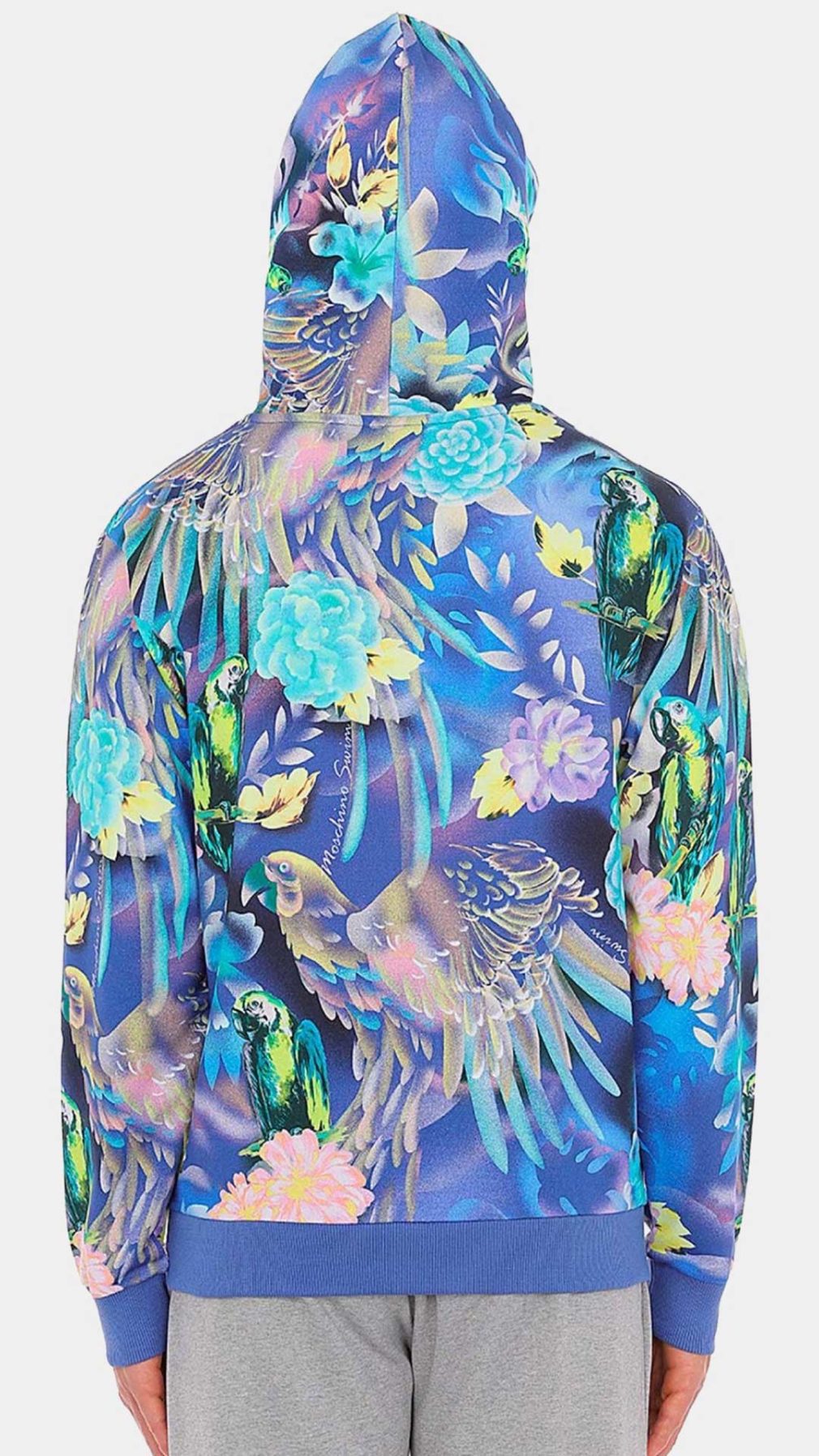 Sudadera azul Moschino con capucha estampado tropical