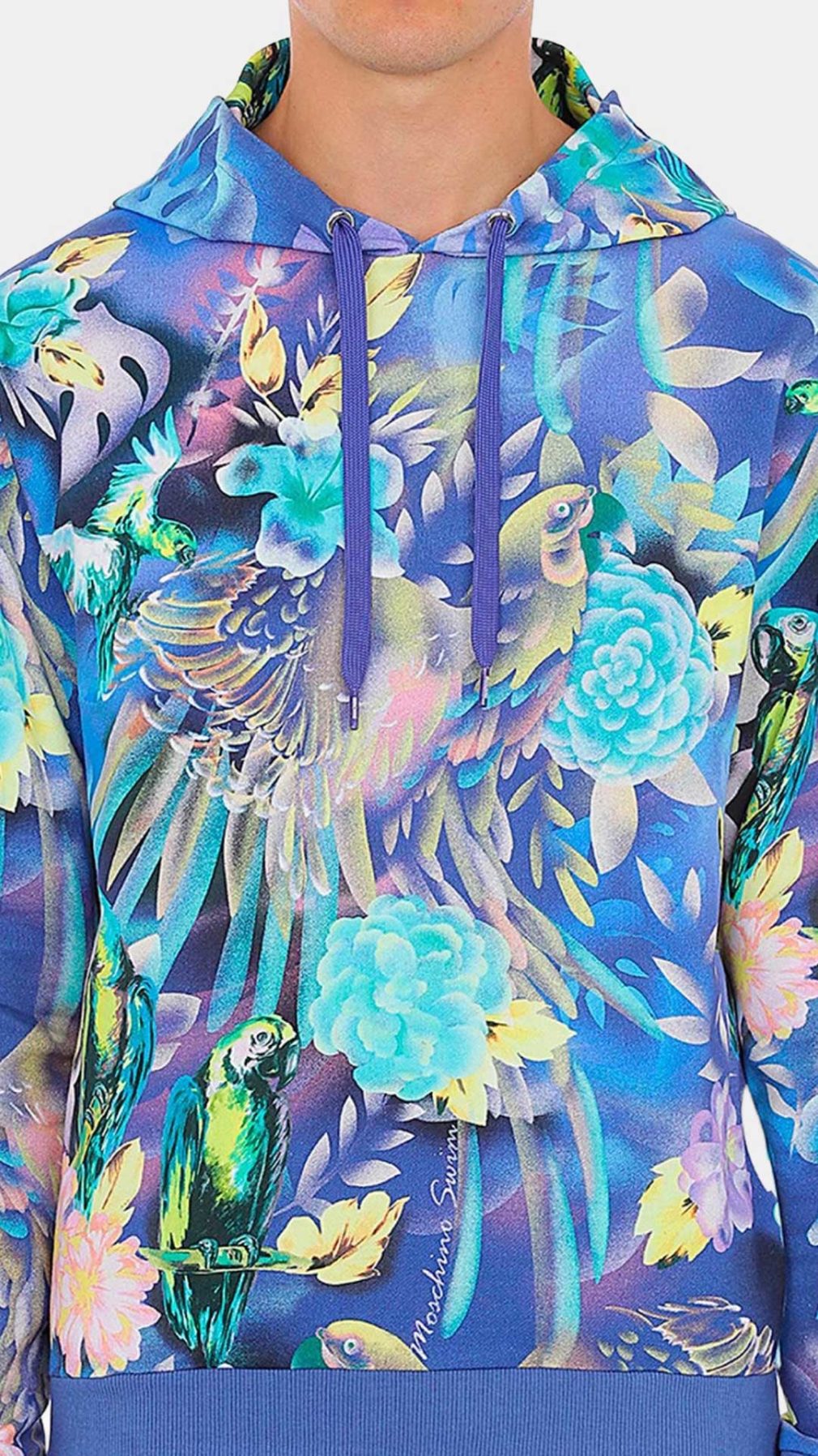 Sudadera azul Moschino con capucha estampado tropical
