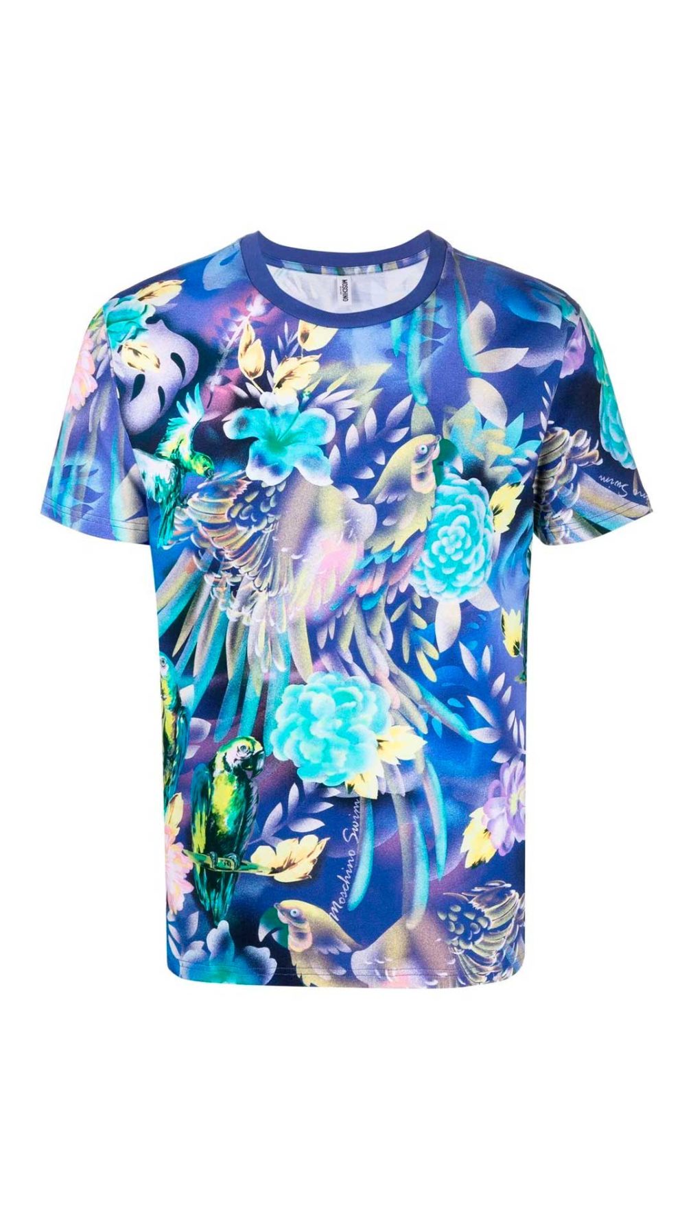 Camiseta azul Moschino con estampado tropical