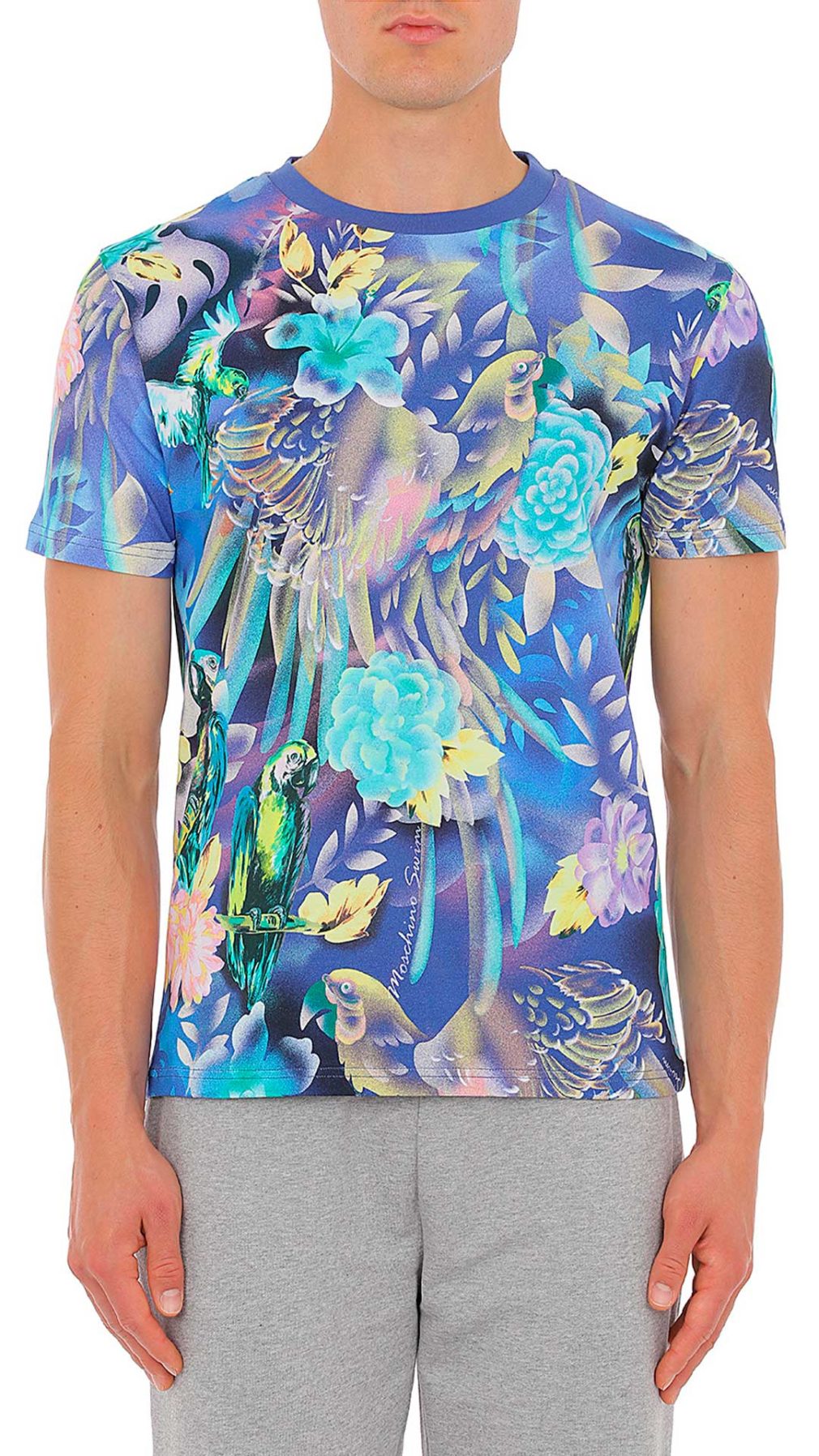 Camiseta azul Moschino con estampado tropical
