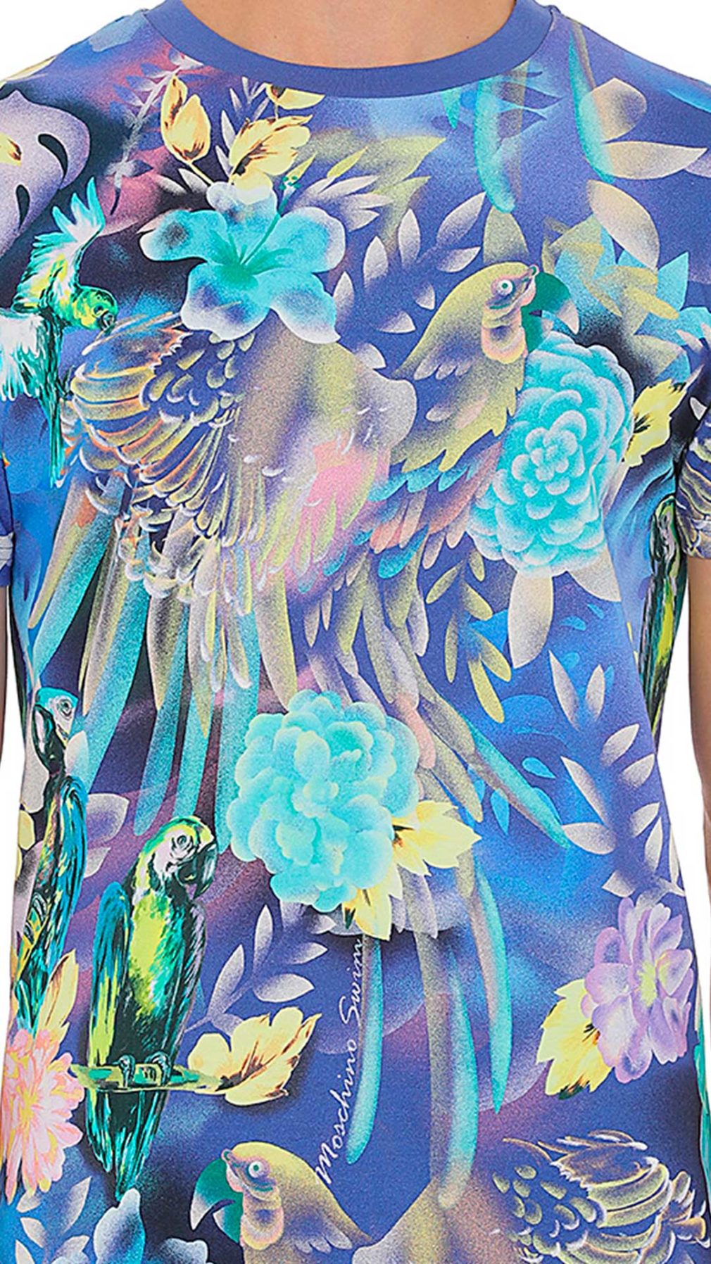 Camiseta azul Moschino con estampado tropical