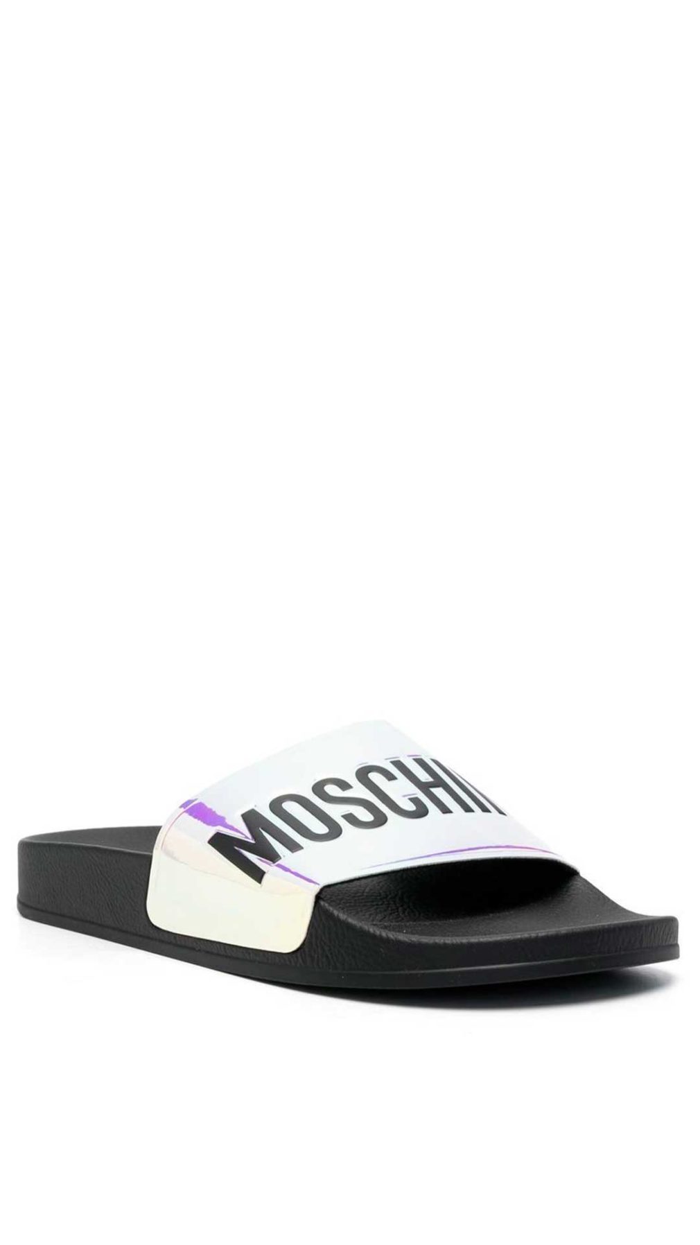 Chancla Moschino con logotipo en relieve en tira holograma