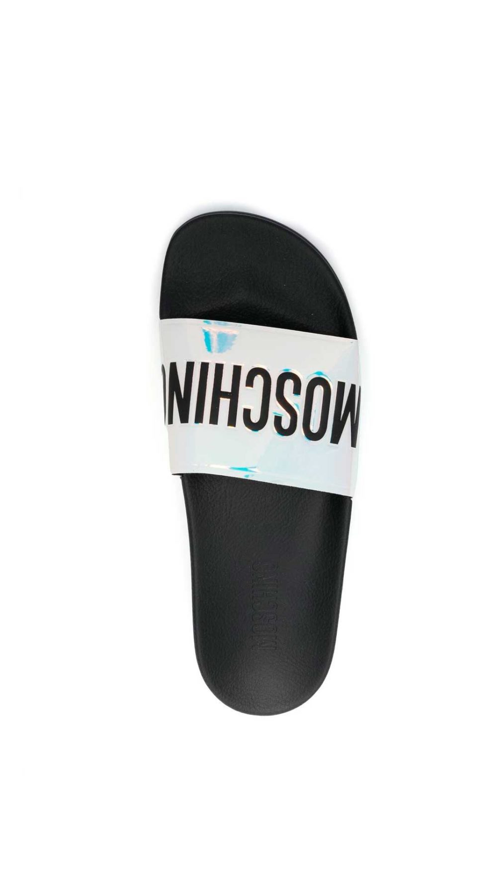 Chancla Moschino con logotipo en relieve en tira holograma