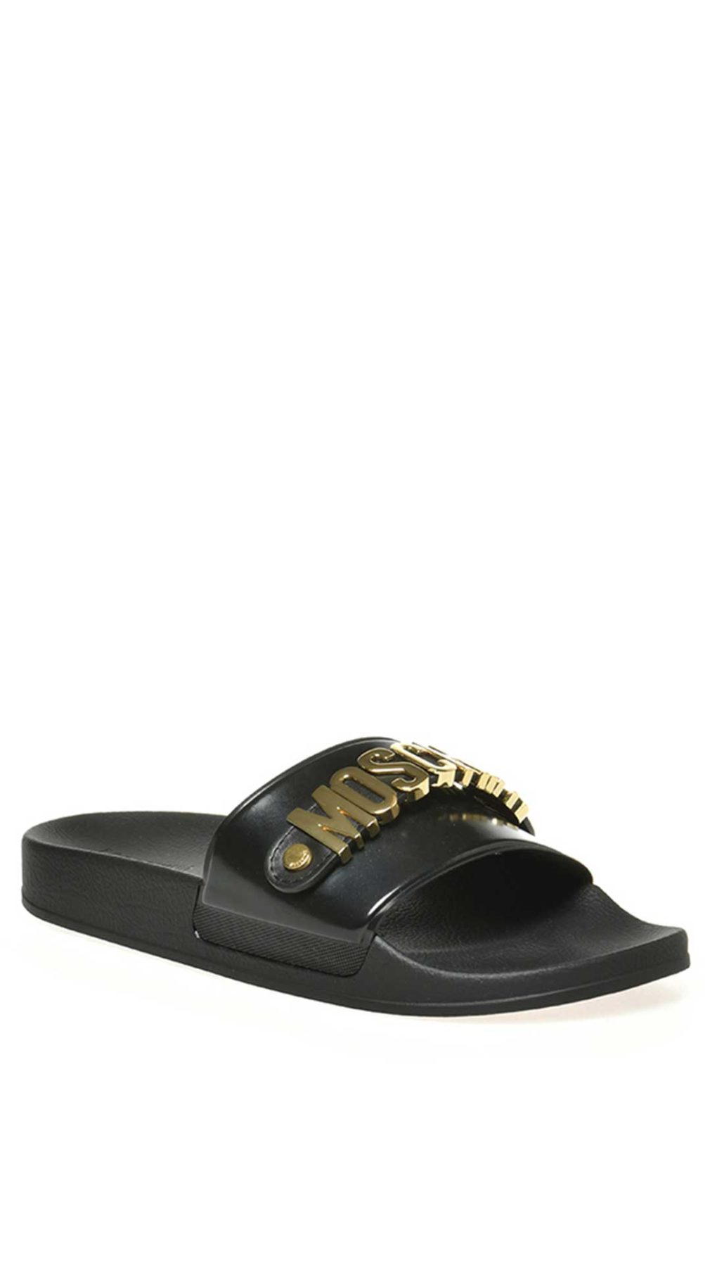 Chancla Moschino con placa del logotipo en tono dorado