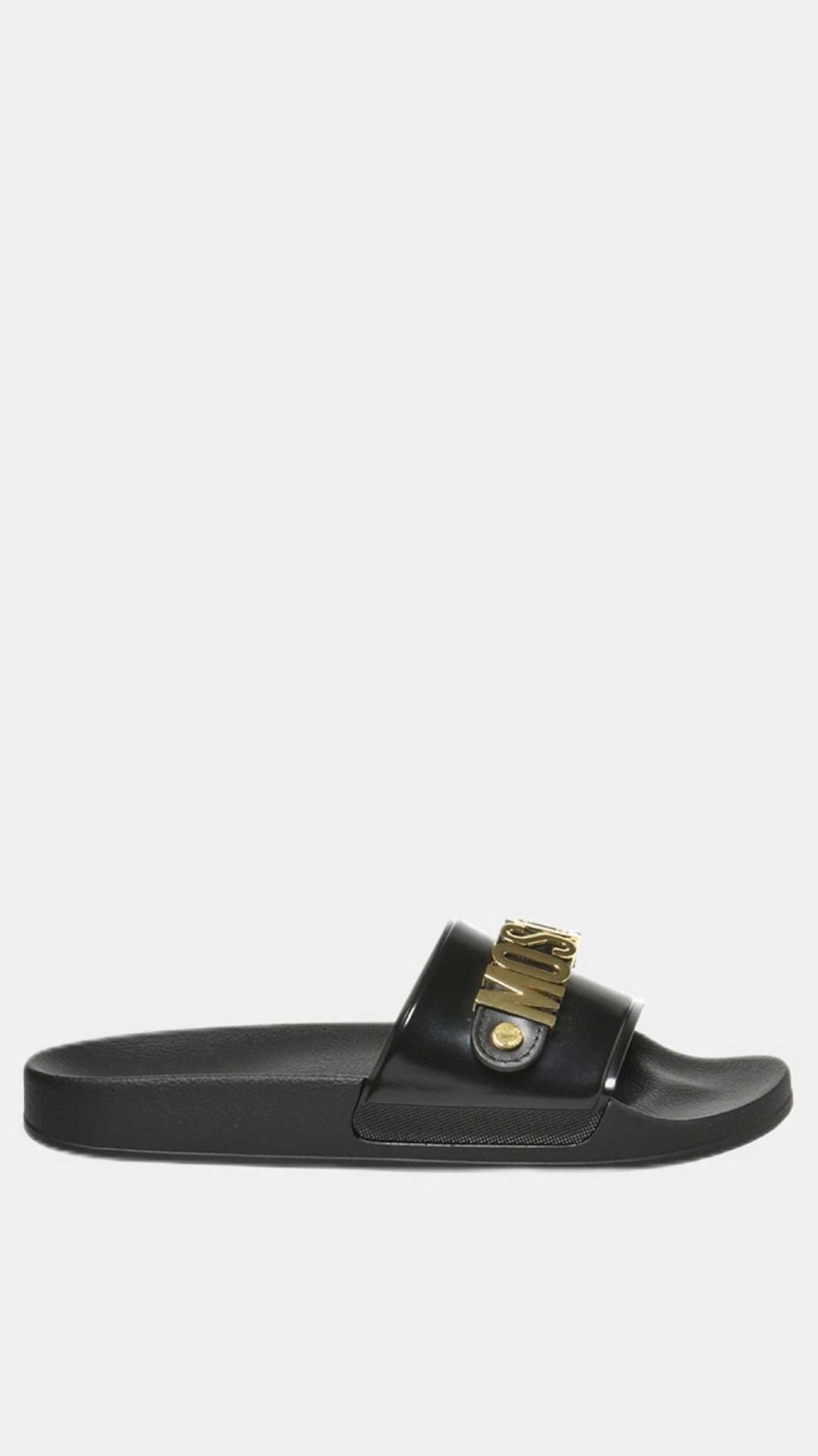 Chancla Moschino con placa del logotipo en tono dorado